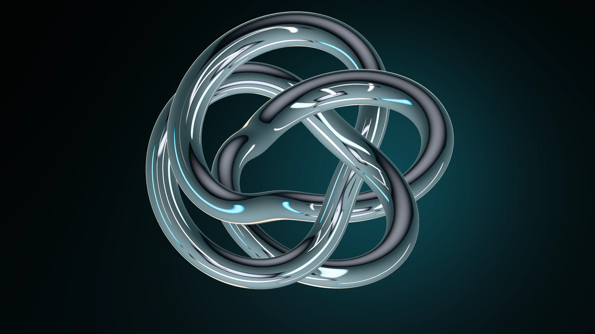 A slowly turning chrome knot with cyan rim light on a deep teal background