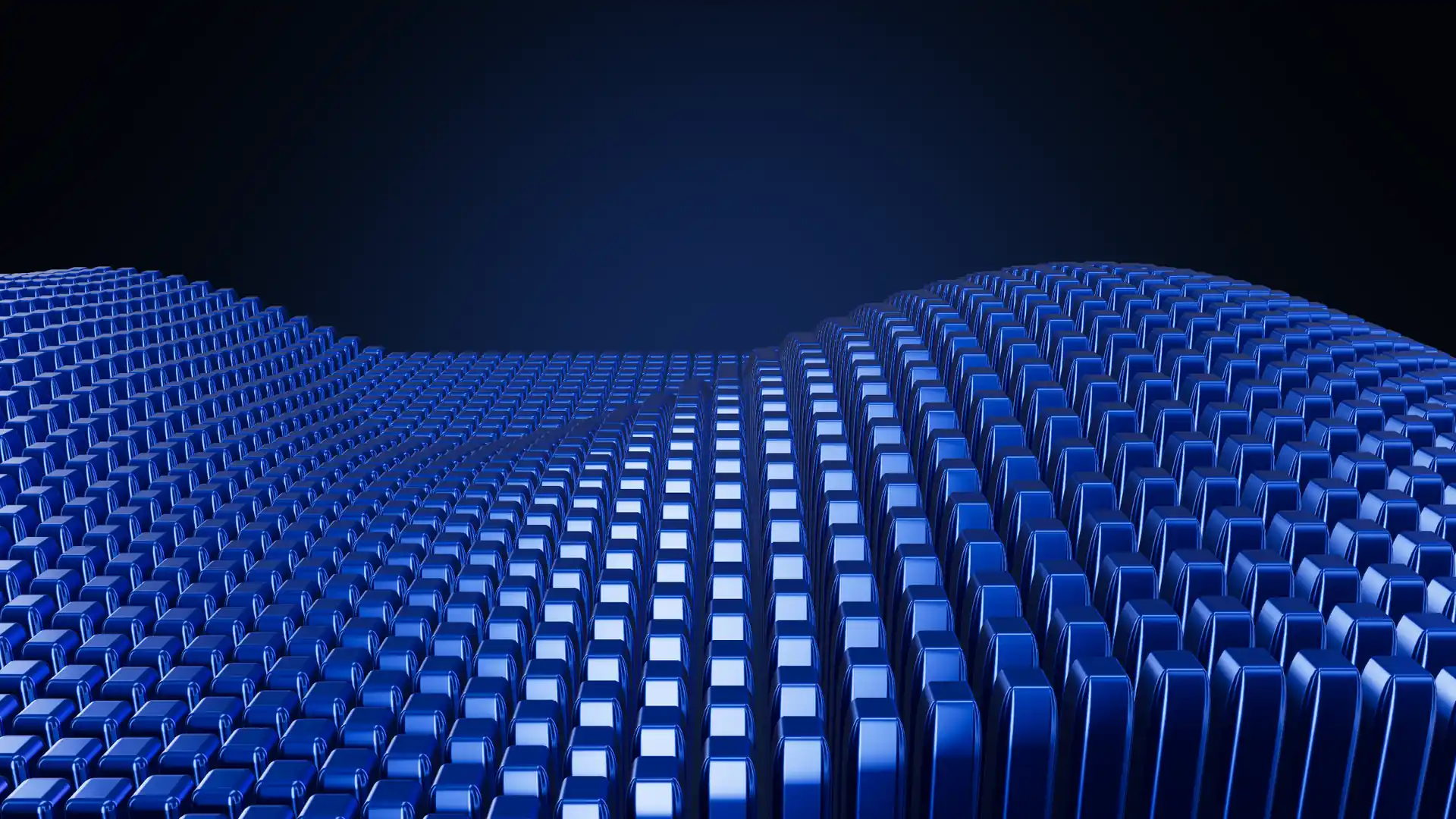 A slowly waving field of blue anodised pins on a deep navy background