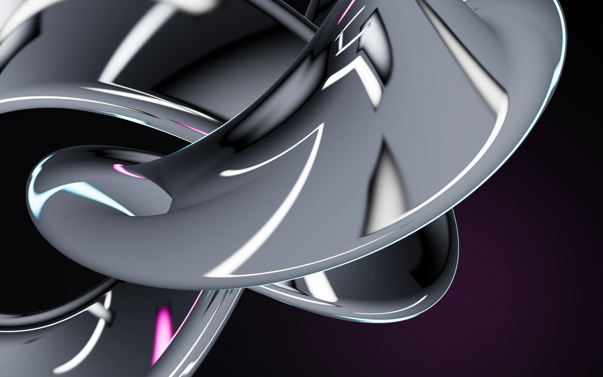 Close crop of a mirror-chrome twisted ribbon with magenta and cyan reflections on a near-black background