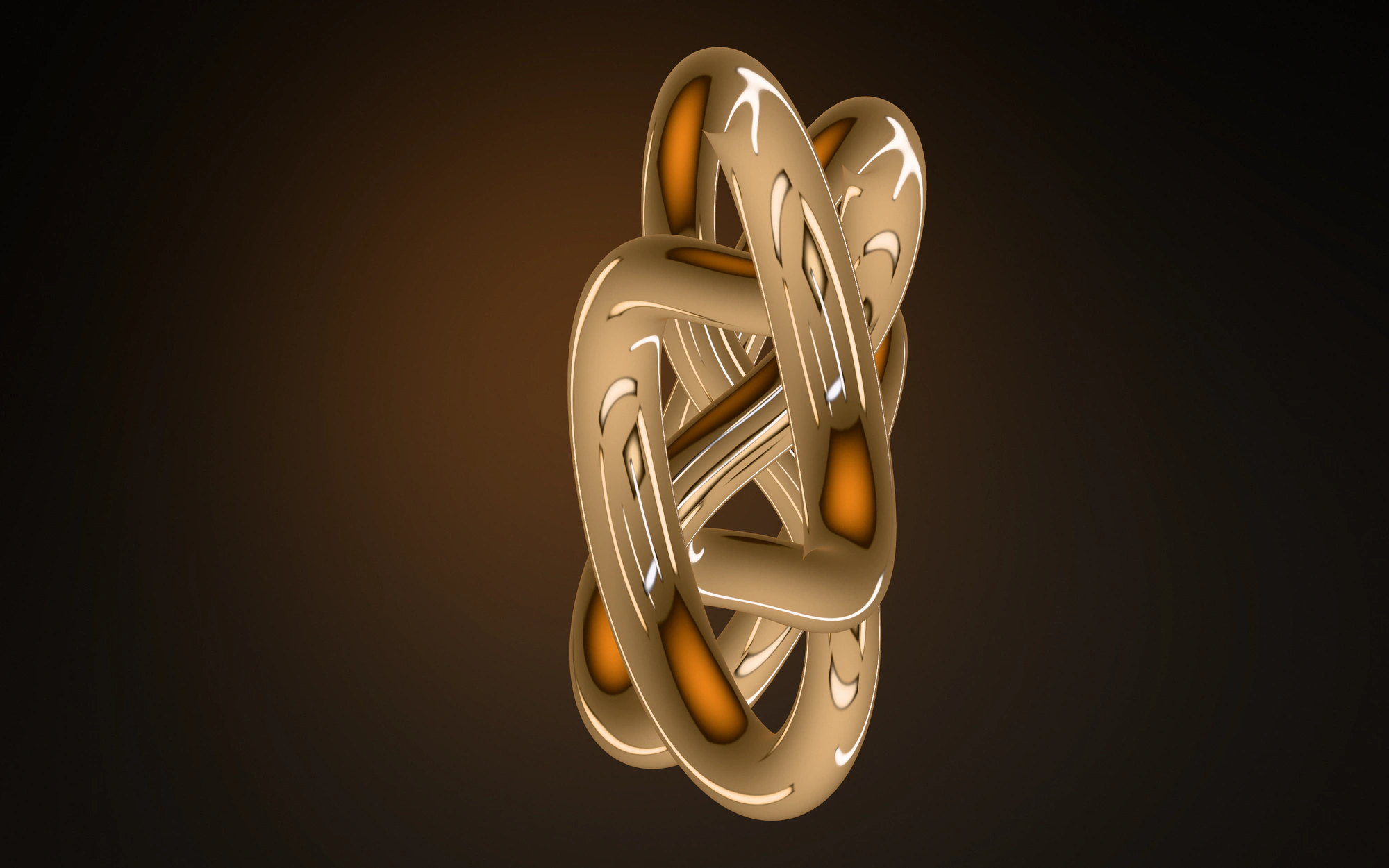A liquid-gold torus knot floating against a warm charcoal background with an amber glow