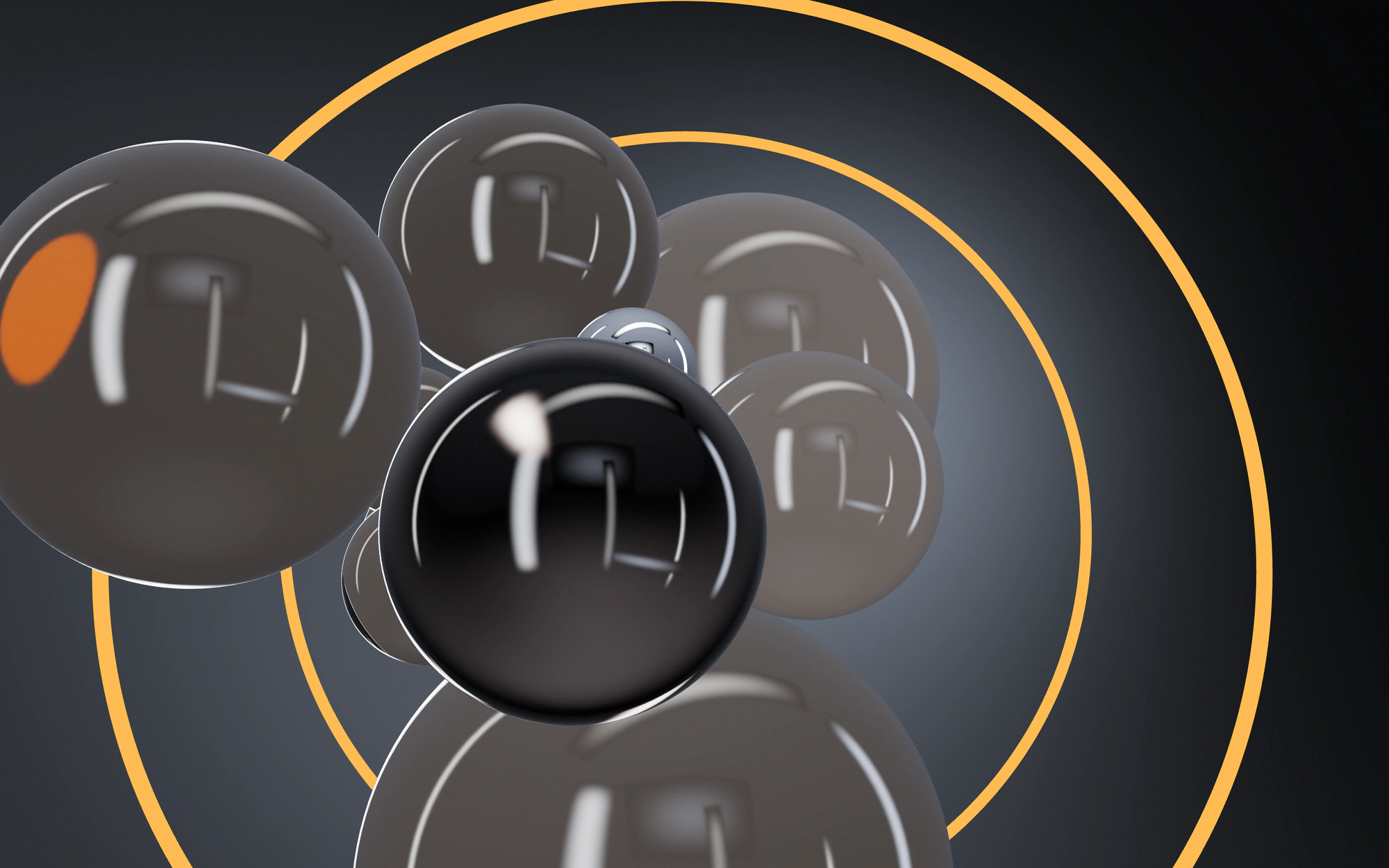 A cluster of smoked glass spheres and one chrome sphere in front of two glowing amber rings on a graphite background