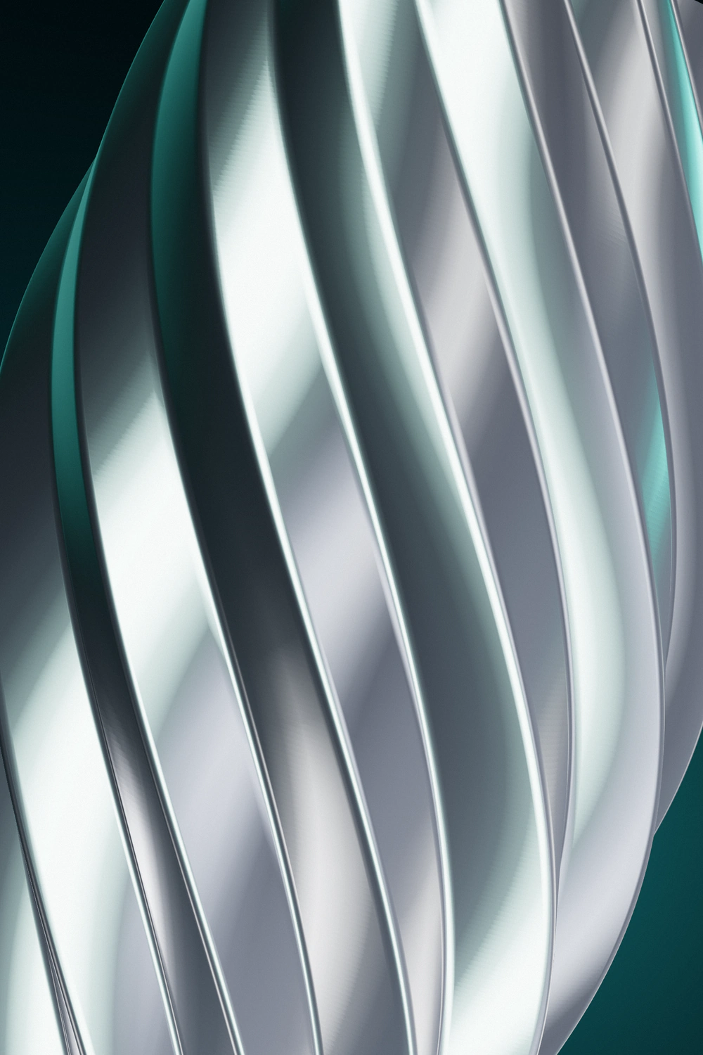 Macro view of a twisted fluted titanium column on a deep teal background (portrait crop)