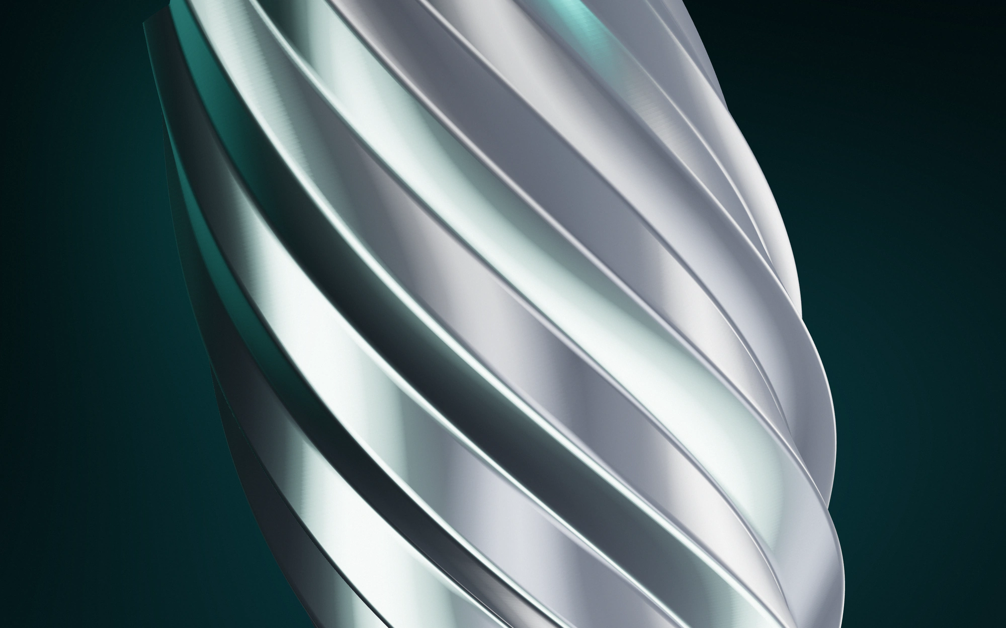 Macro view of a twisted fluted titanium column on a deep teal background