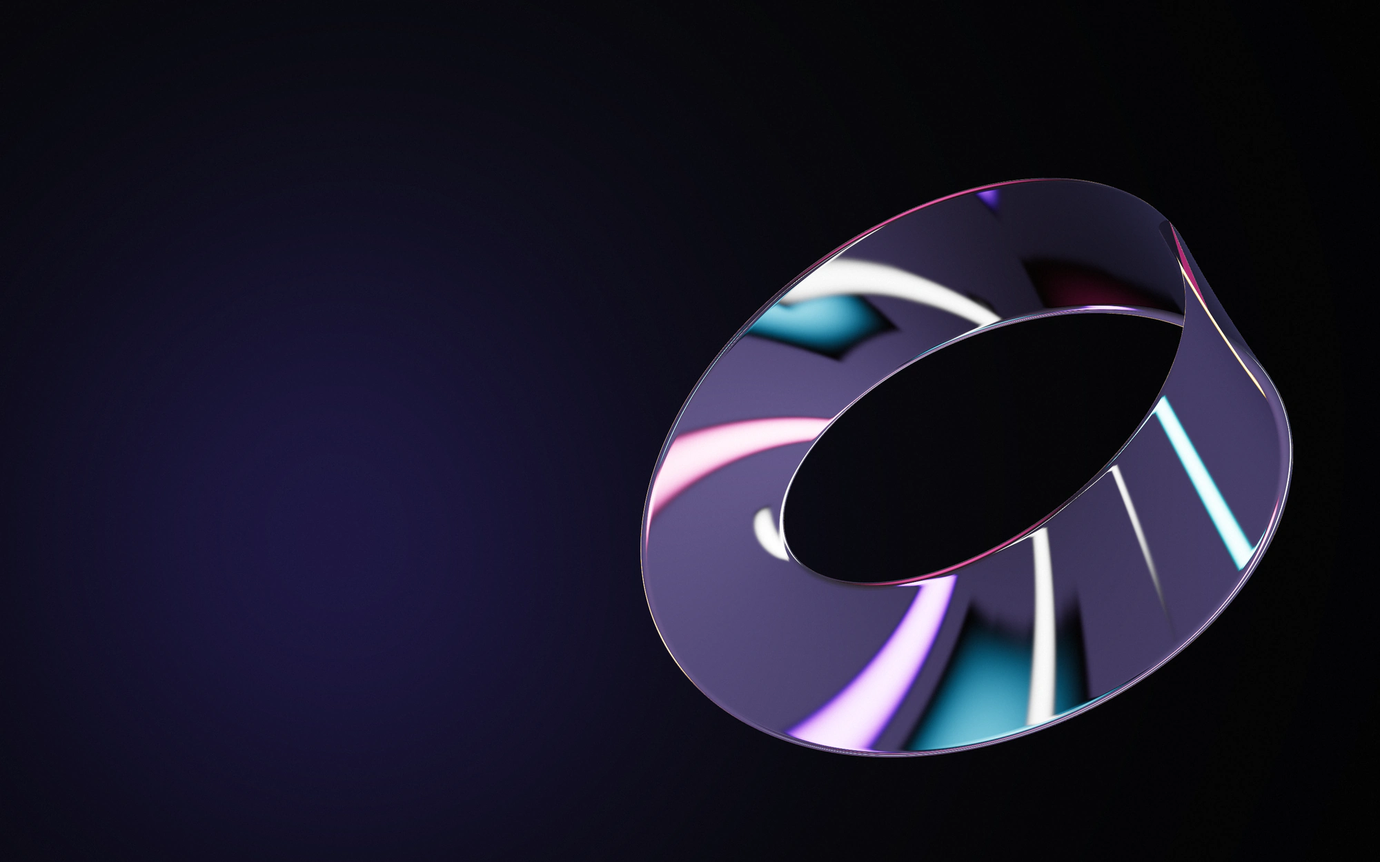 A thin chrome ribbon forming a twisted loop that reflects violet, cyan, pink and amber light, on a near-black background