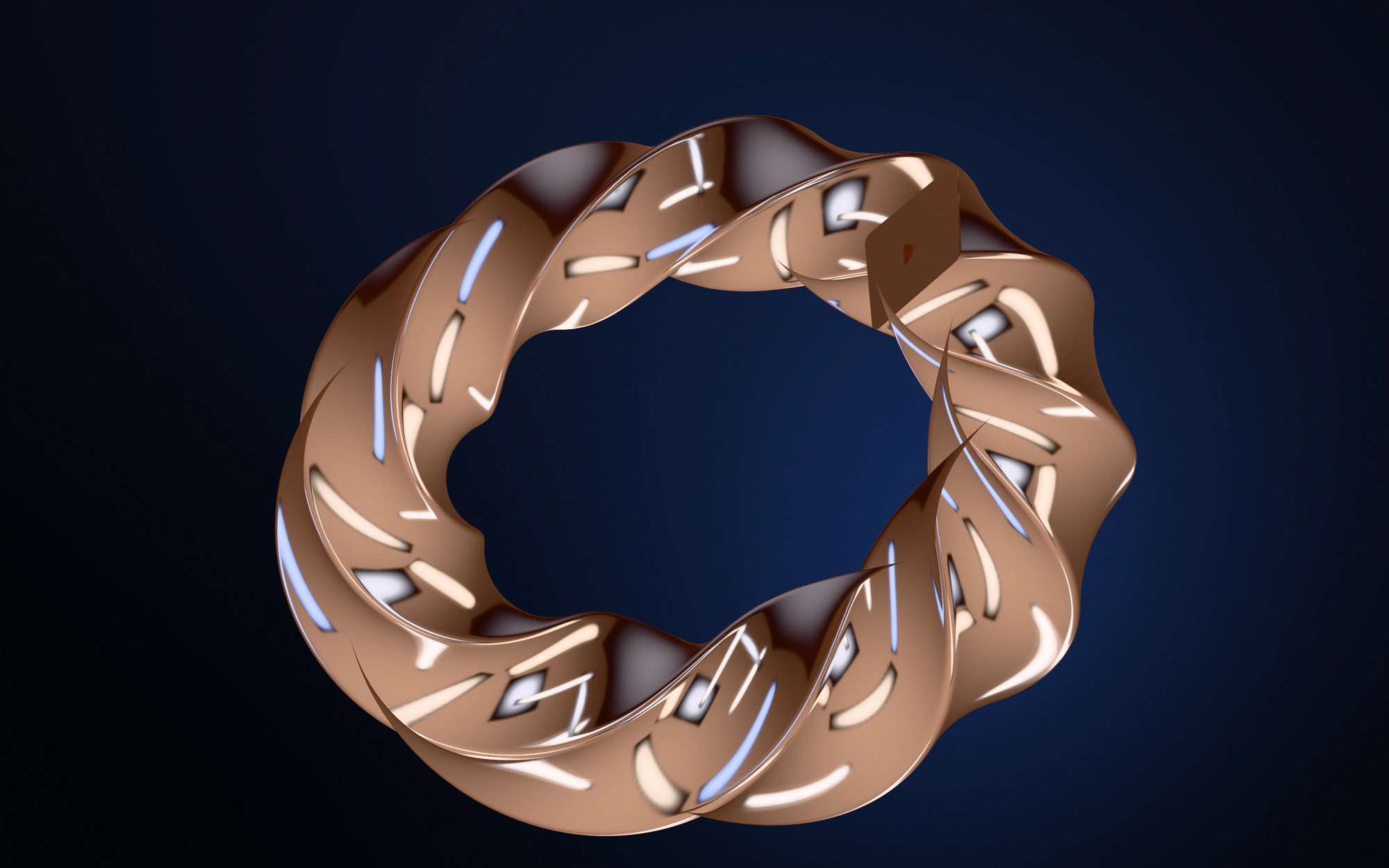 A twisted square-bar copper ring on a deep navy background