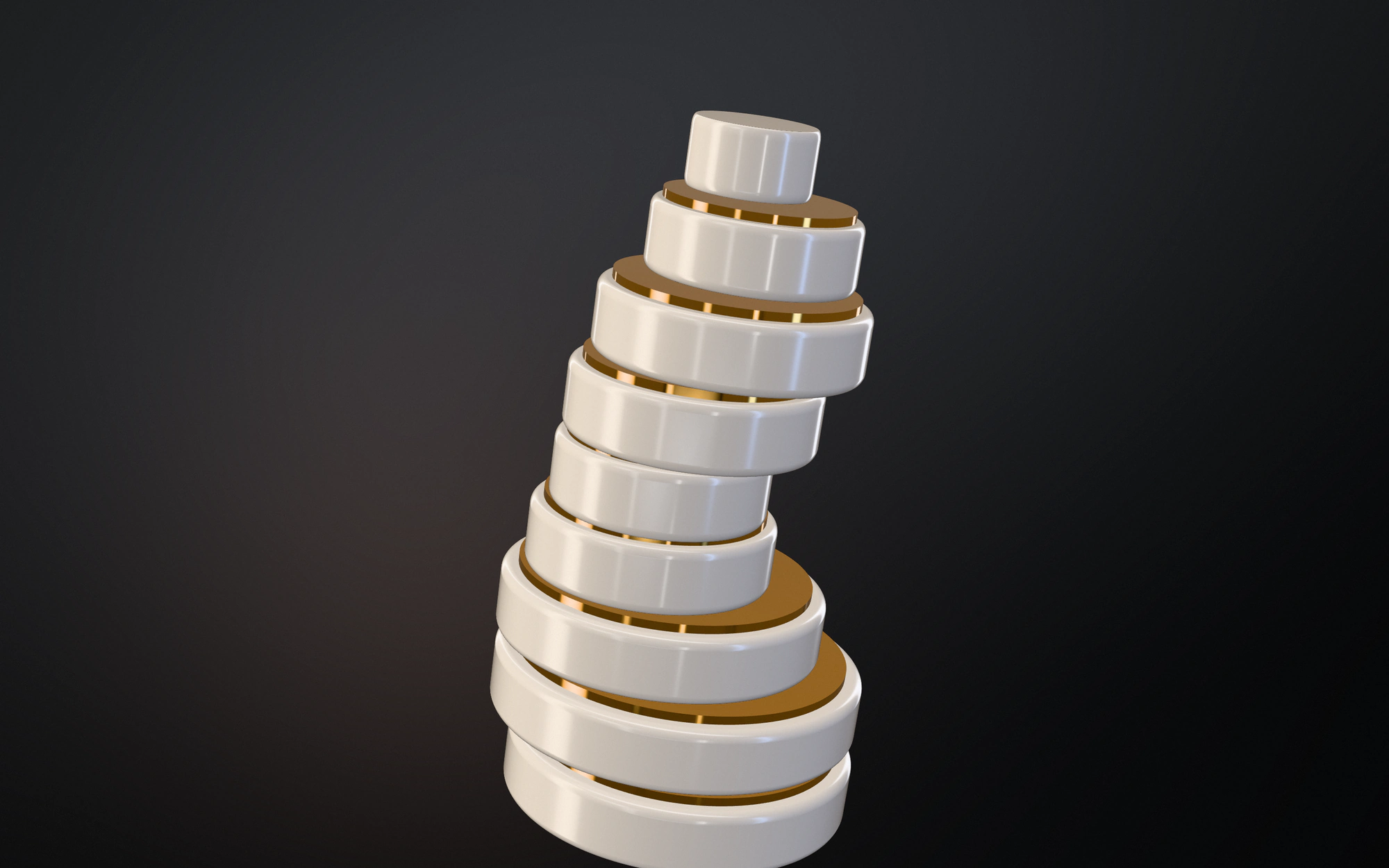 A leaning stack of white ceramic discs separated by thin brass plates on a graphite gradient