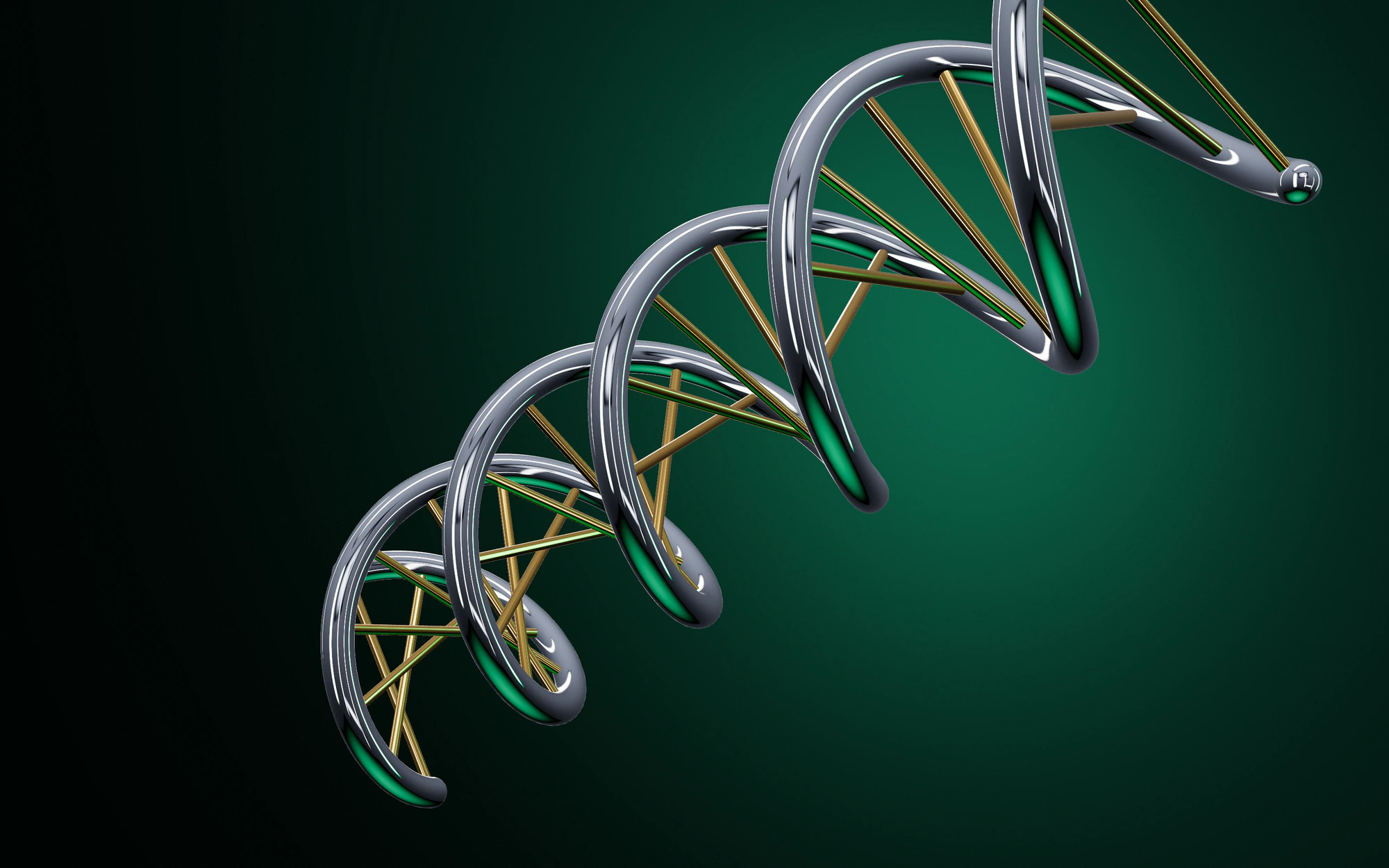 A chrome double helix with gold rungs on a deep green background