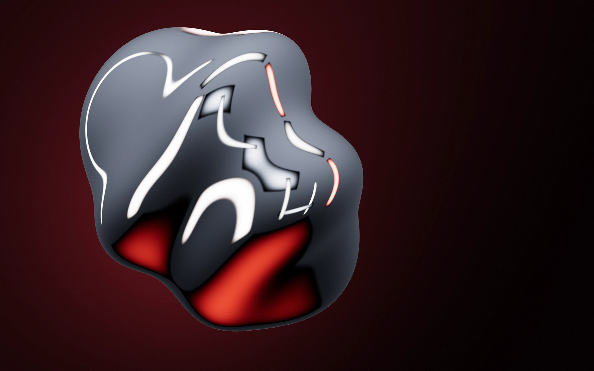 A liquid mercury blob reflecting red light on a dark oxblood background