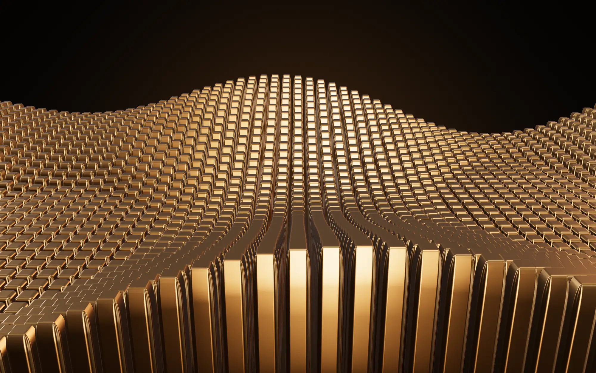 A rolling wave field of bronze metal pins seen from above on a dark warm background