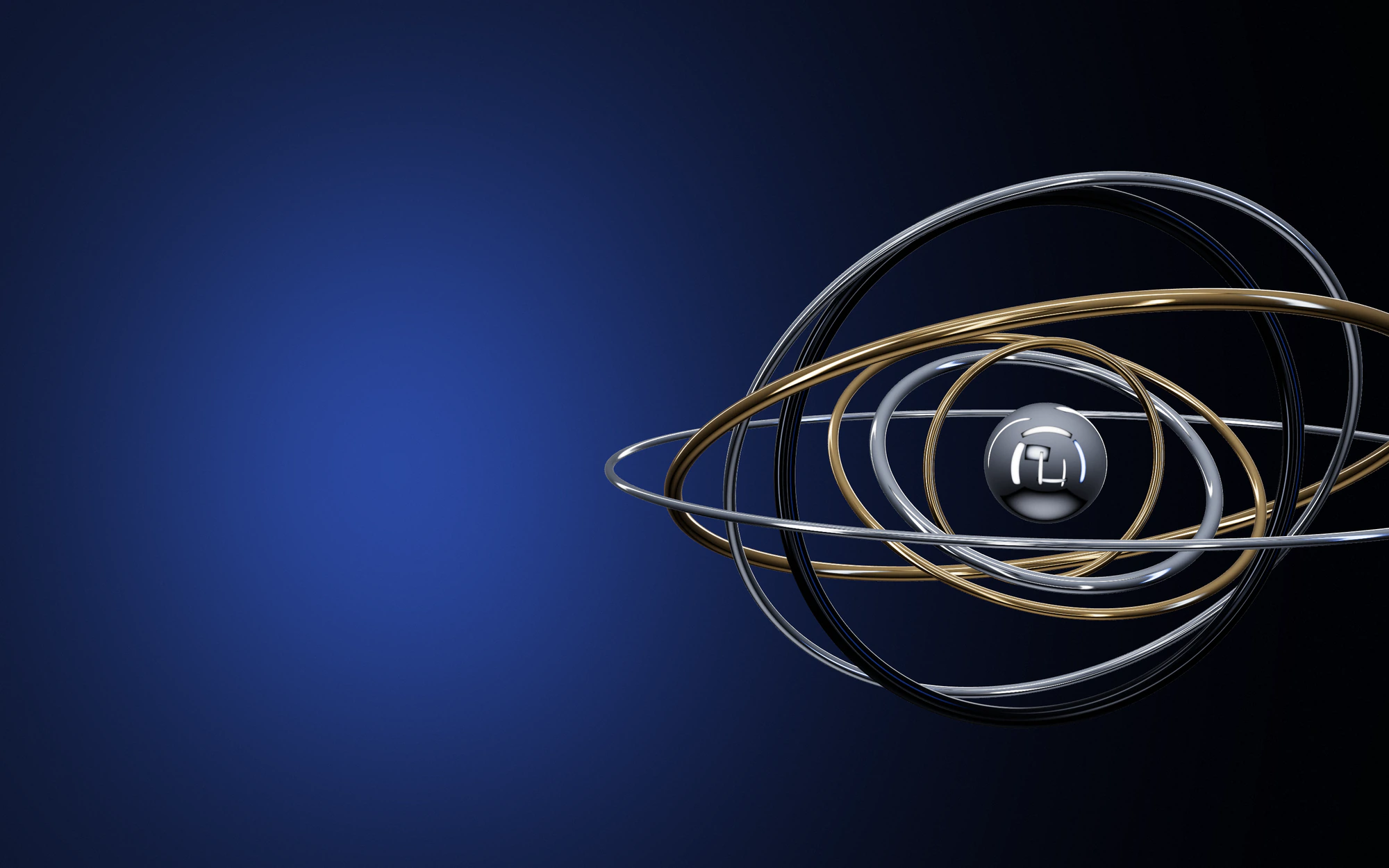 Gold, silver and black rings crossing at different angles around a small chrome sphere on a deep navy background