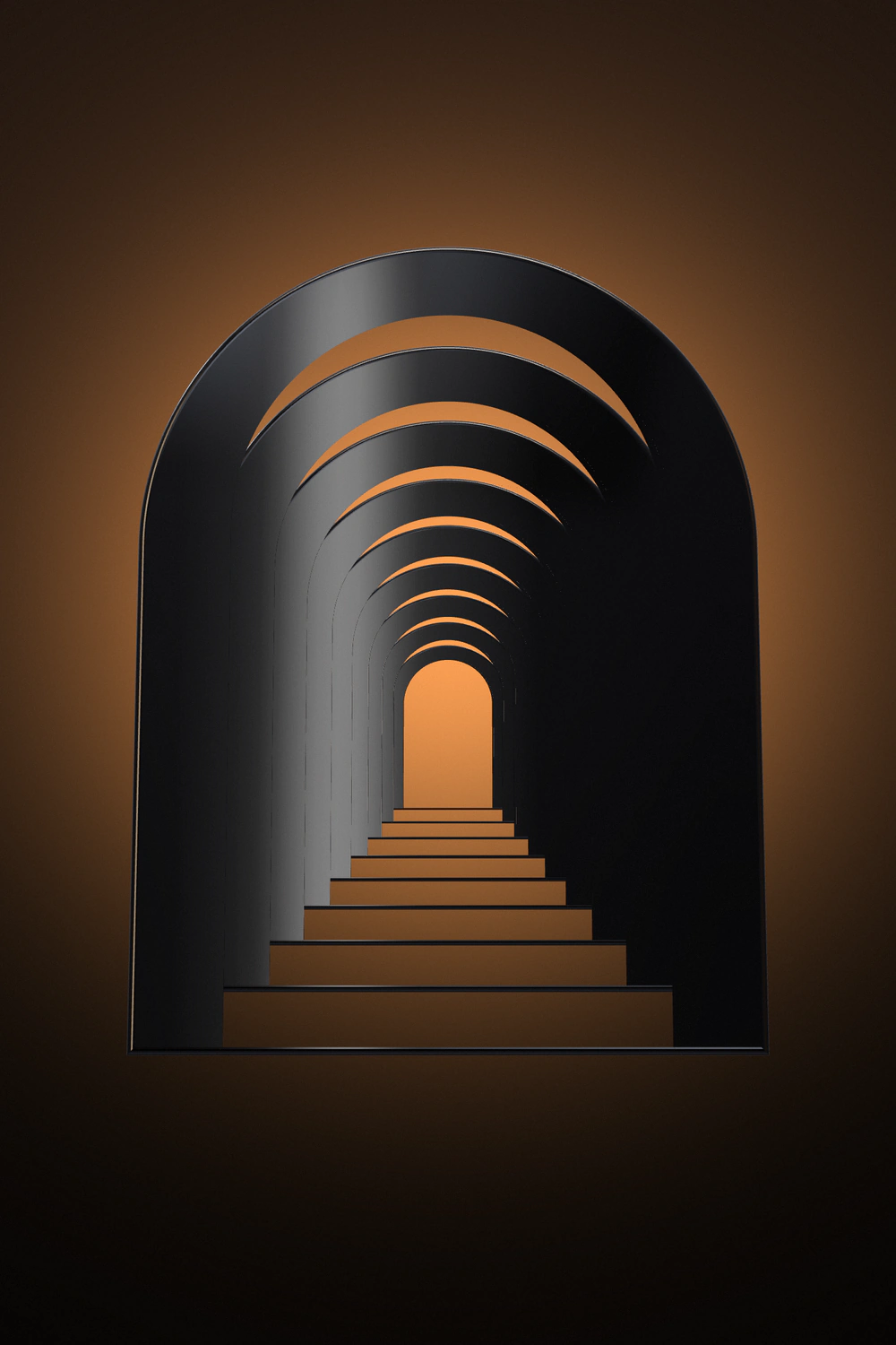 A tunnel of nine black arches with a warm glow and steps at the far end on a warm charcoal background (portrait crop)