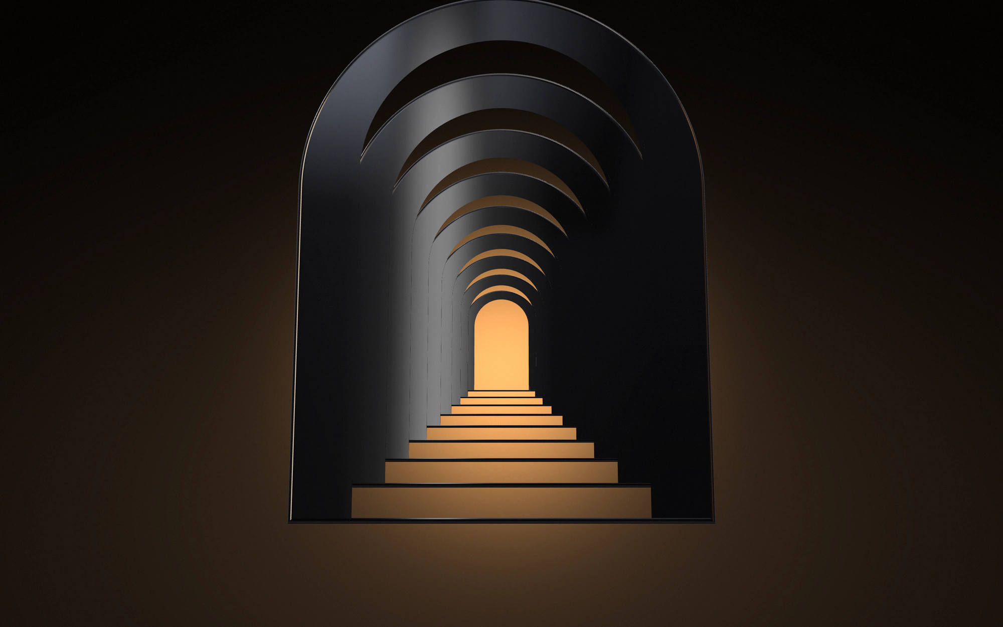 A tunnel of nine black arches with a warm glow and steps at the far end on a warm charcoal background