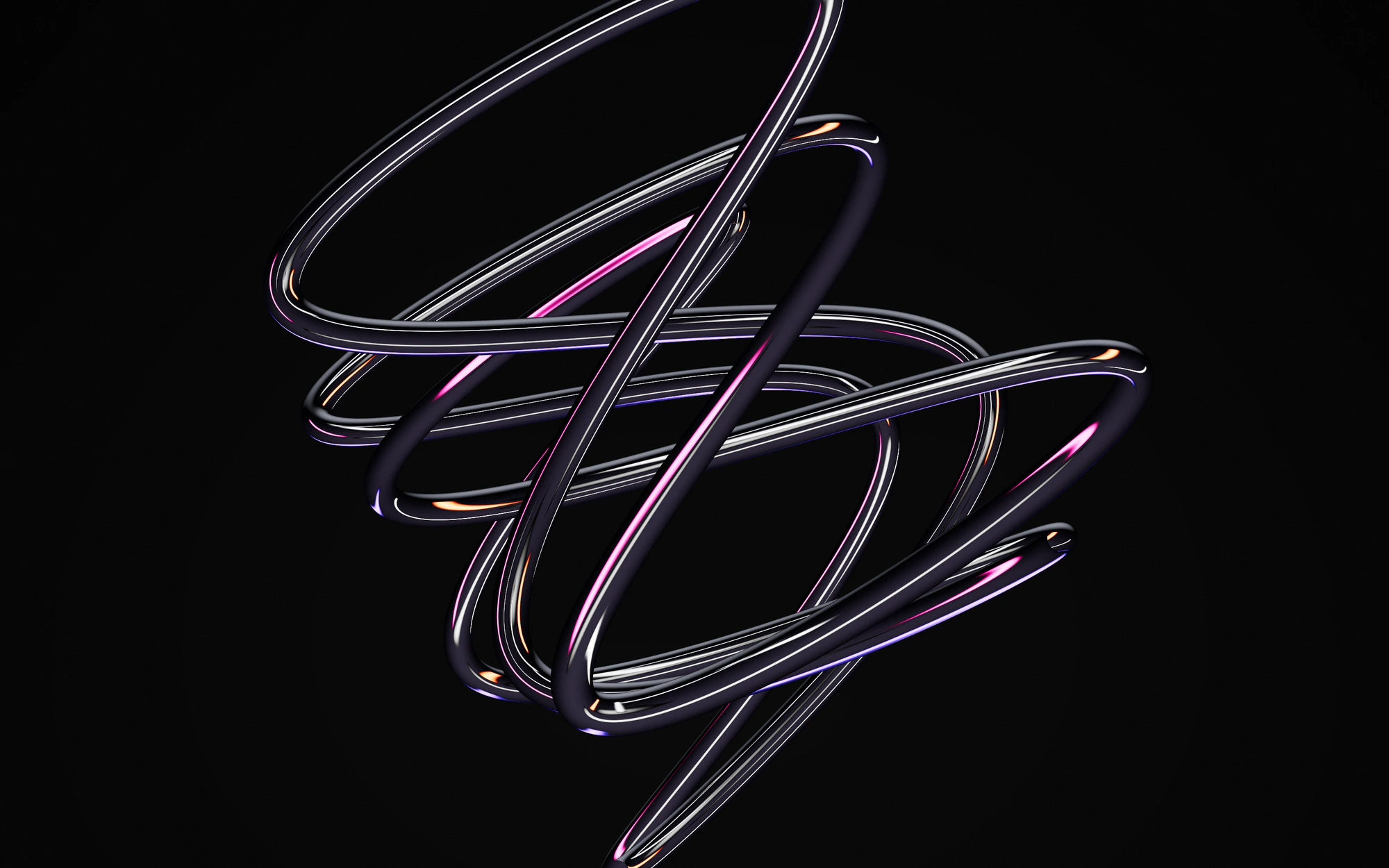 A black glossy knotted tube lit by magenta and orange rim light on a near-black background