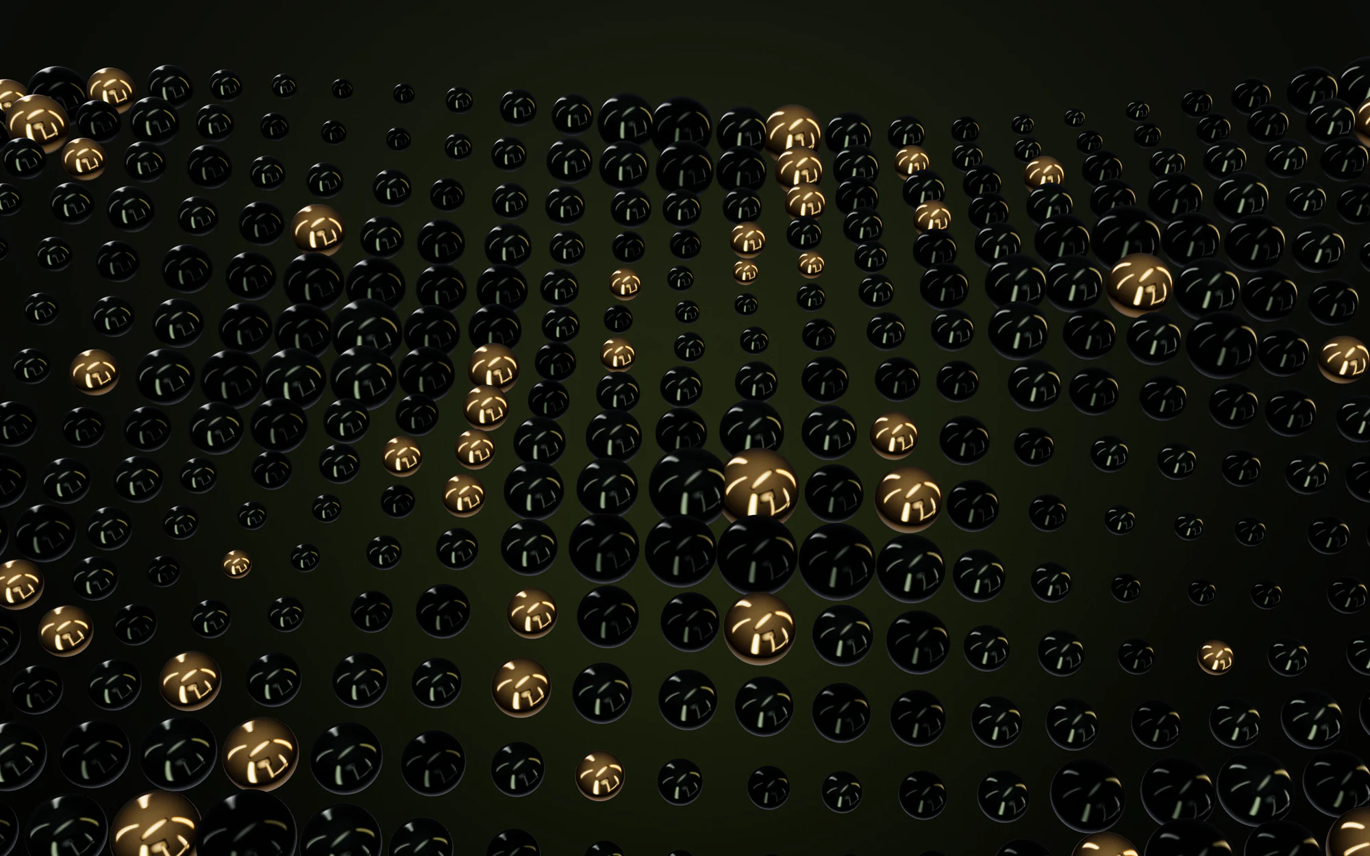A field of black and brass glossy spheres of varied size seen from above on an olive-black background