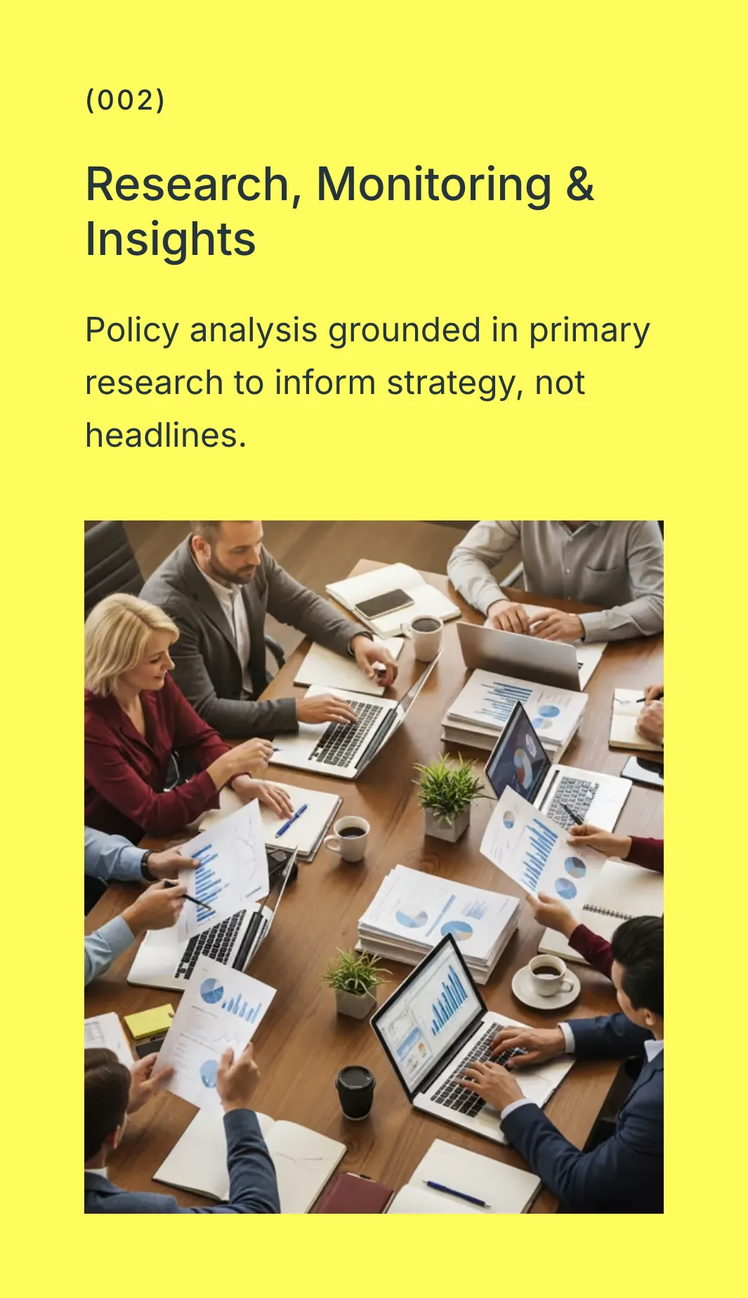 Close detail of the CAPITOL template (public affairs): card “(002) Research, Monitoring & Insights Policy analysis ground”.