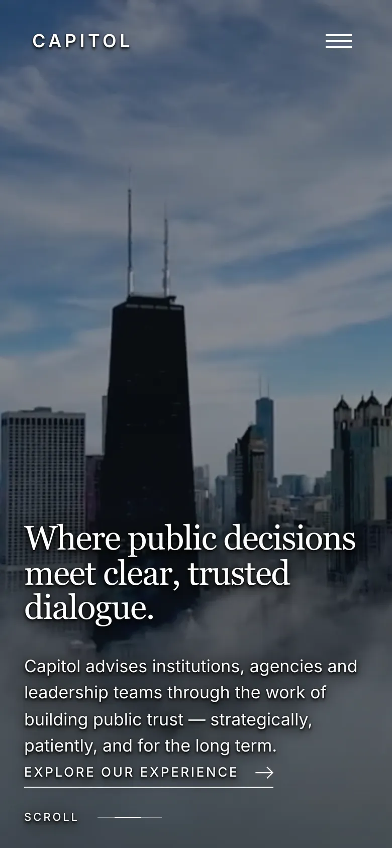 Phone-width page screen 01 of the CAPITOL template (public affairs) showing headline “Where public decisions meet clear, trusted dialogue.”, 1 video.