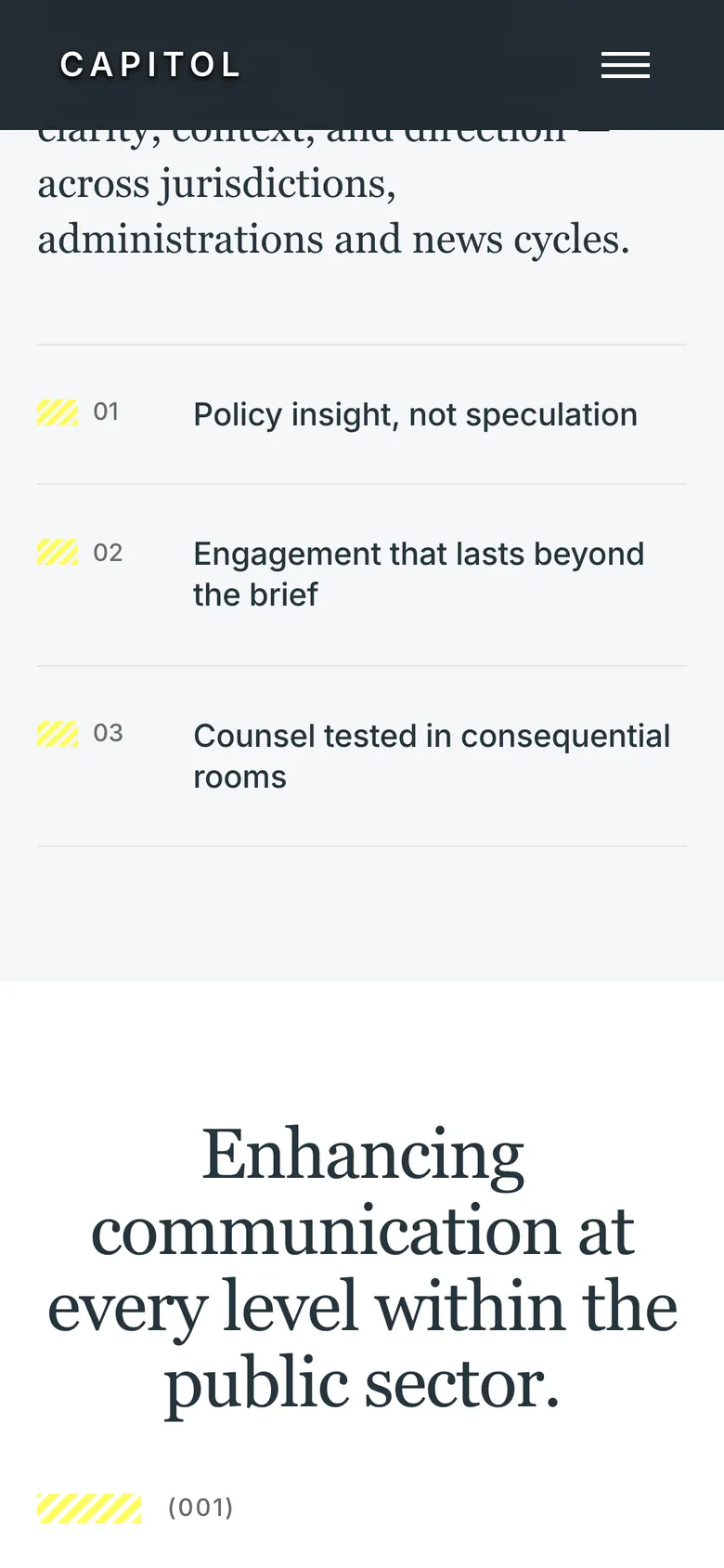 Phone-width page screen 02 of the CAPITOL template (public affairs) showing headline “Enhancing communication at every level within the public sector.”, 1 video.