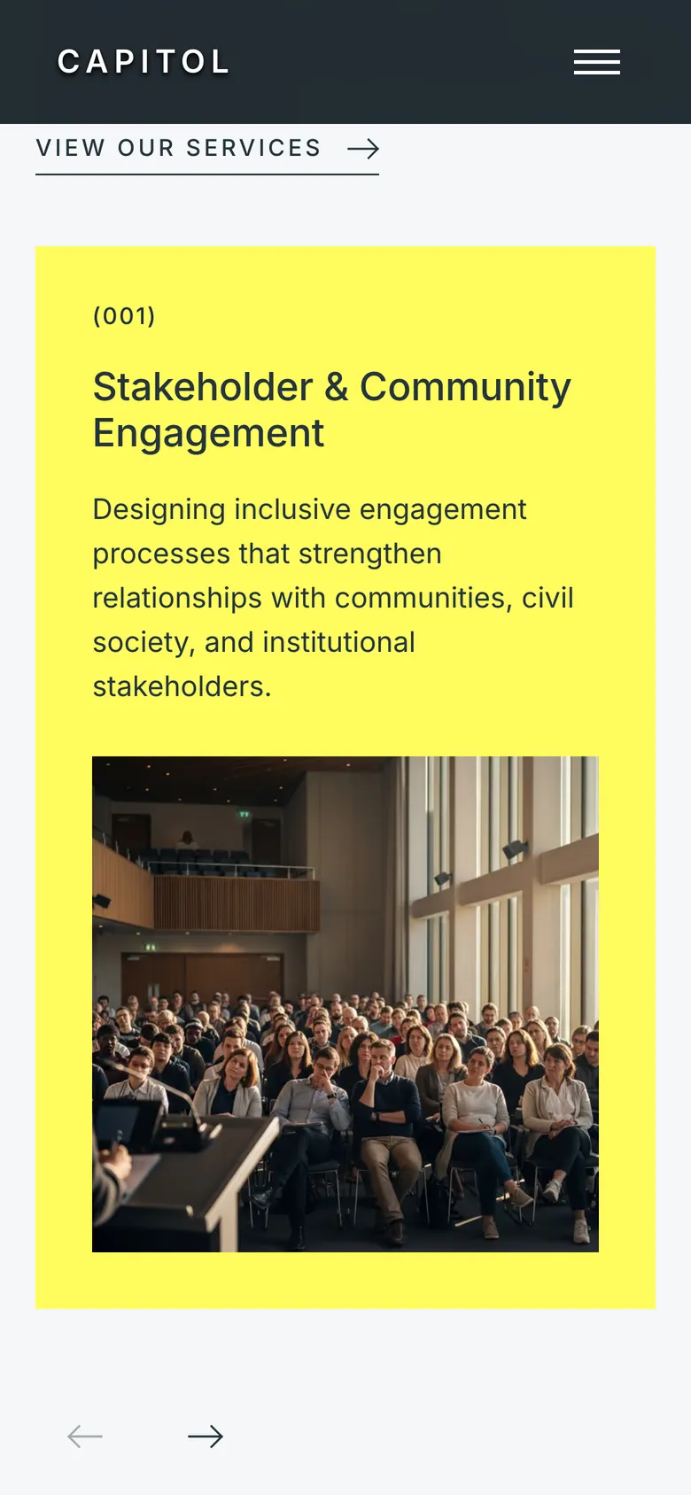 Phone-width page screen 03 of the CAPITOL template (public affairs) showing 1 image, 1 video.