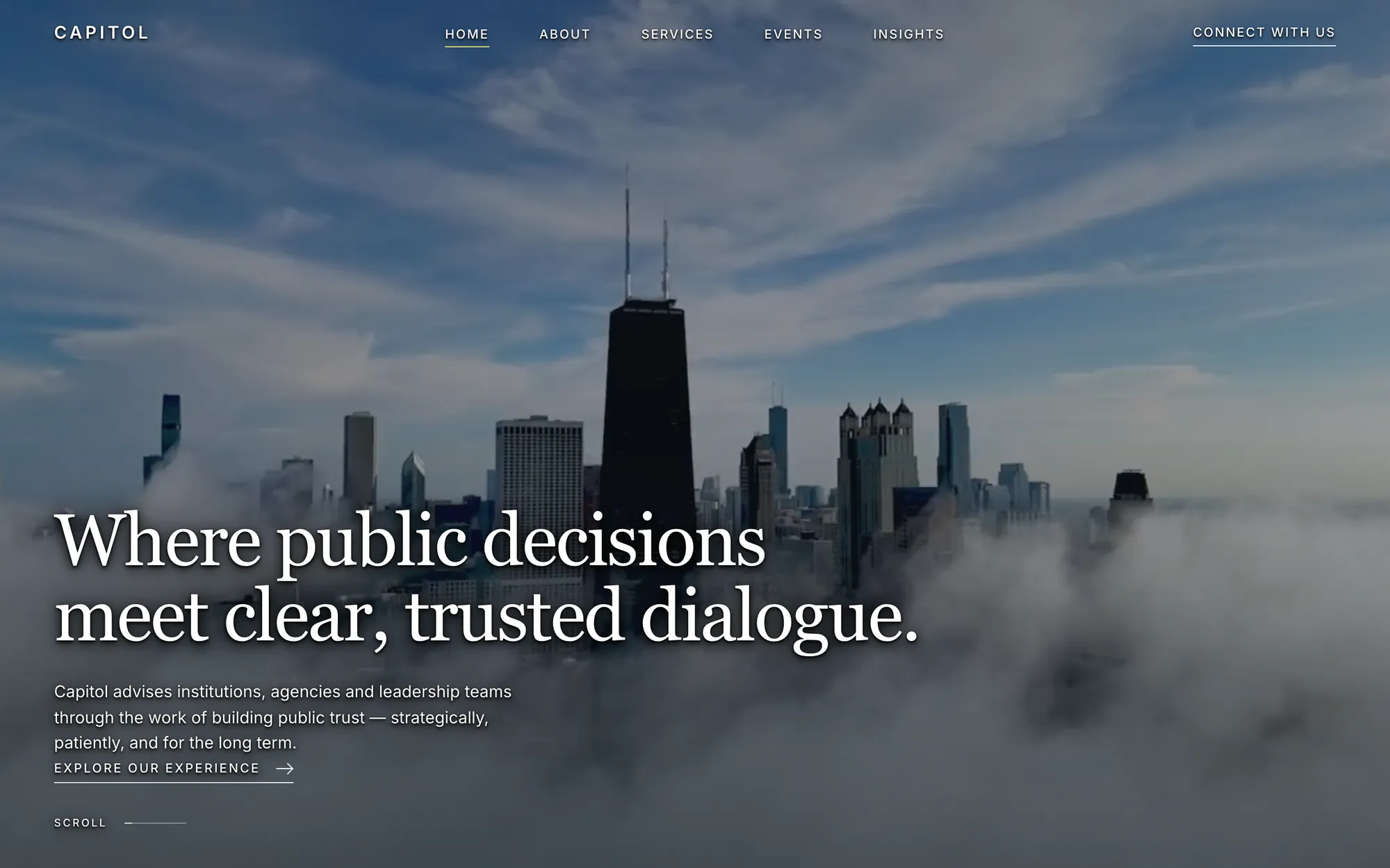 Desktop page section 01 of the CAPITOL template (public affairs) showing headline “Where public decisions meet clear, trusted dialogue.”, 1 video.