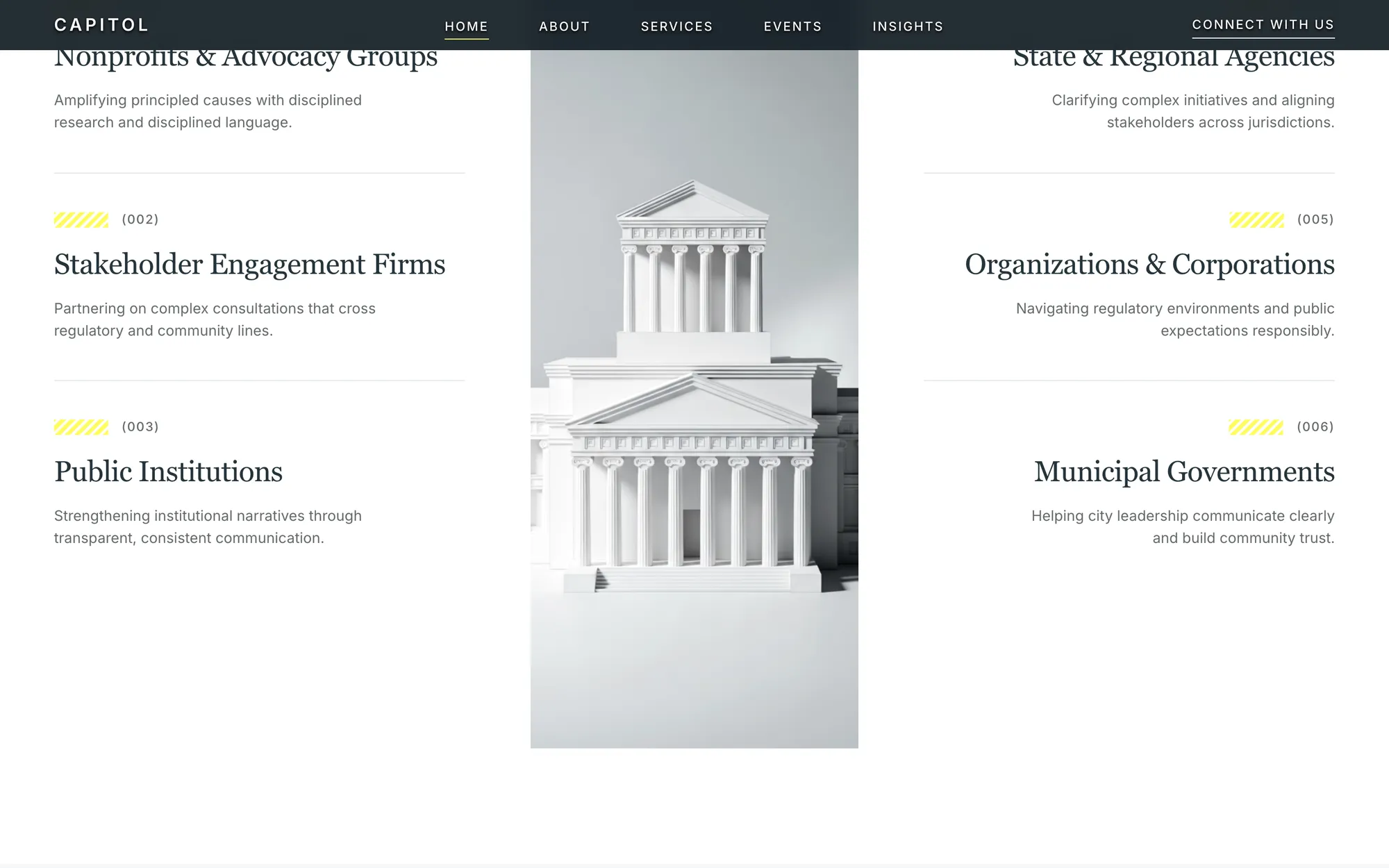 Desktop page section 02 of the CAPITOL template (public affairs) showing headlines “Nonprofits & Advocacy Groups” and “Stakeholder Engagement Firms”, 1 image, 1 video.