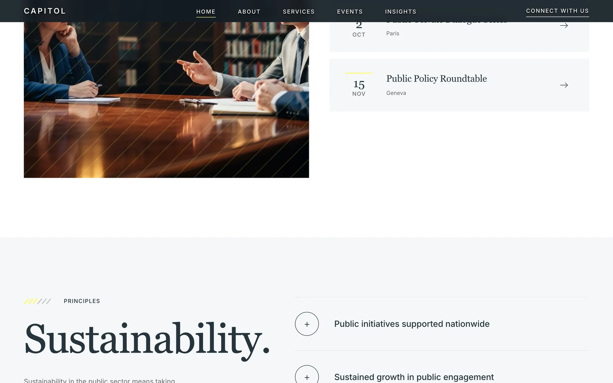 Desktop page section 04 of the CAPITOL template (public affairs) showing headline “Sustainability.”, 1 image, 1 video.