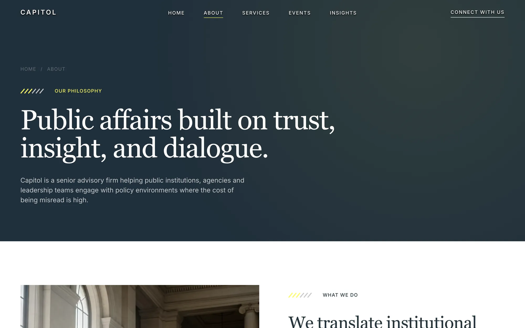 Desktop page section 06 of the CAPITOL template (public affairs) showing headline “Public affairs built on trust, insight, and dialogue.”, 1 image.