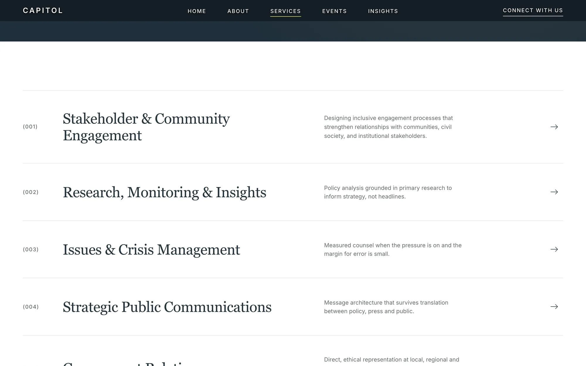 Desktop page section 08 of the CAPITOL template (public affairs) showing headlines “Stakeholder & Community Engagement” and “Research, Monitoring & Insights”.