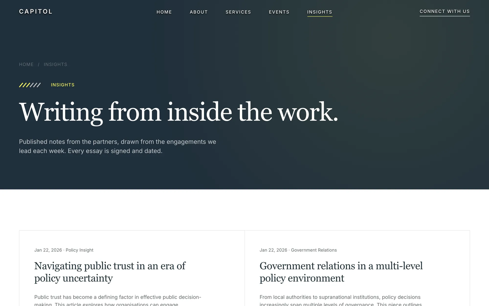 Desktop page section 10 of the CAPITOL template (public affairs) showing headlines “Writing from inside the work.” and “Navigating public trust in an era of policy uncertainty”.