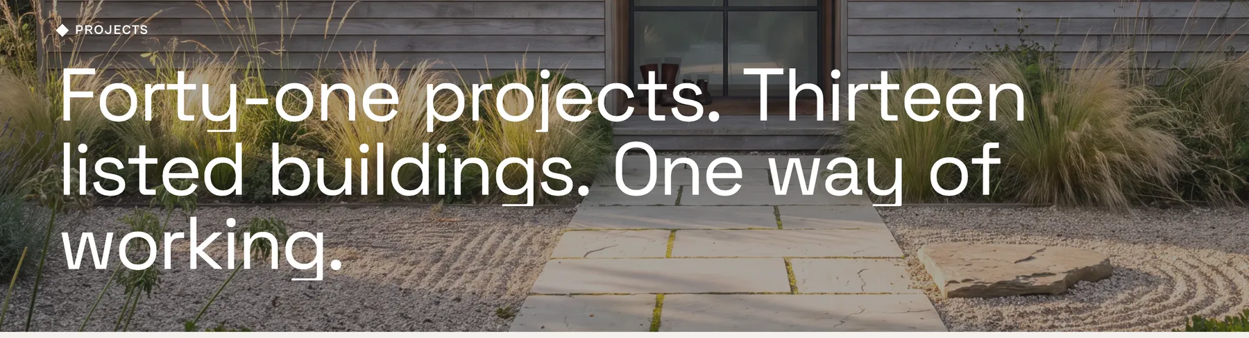 Close detail of the CLARION template (architecture): headline typography “Forty-one projects. Thirteen listed buildings. One way of wo”.
