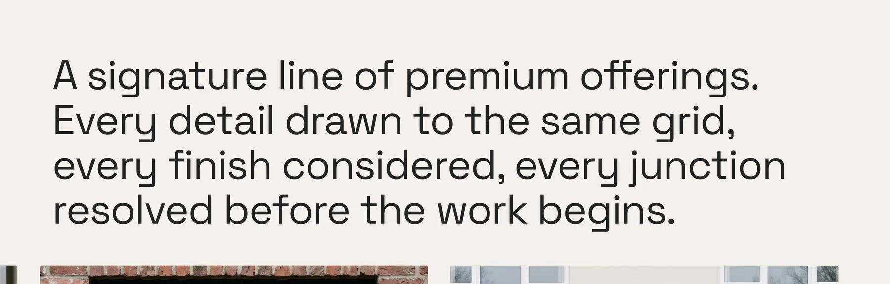 Close detail of the CLARION template (architecture): headline typography “A signature line of premium offerings. Every detail drawn to”.