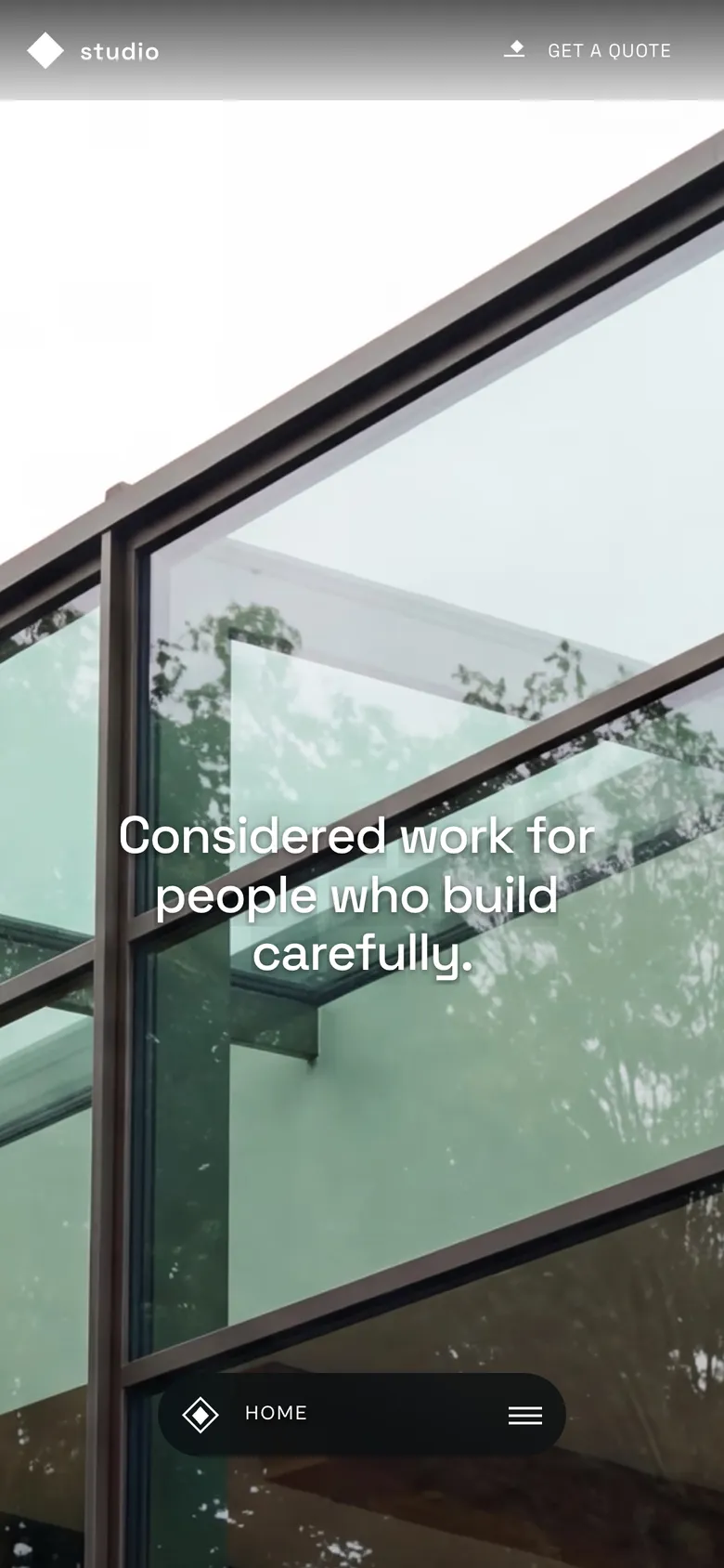 Phone-width page screen 01 of the CLARION template (architecture) showing headline “Considered work for people who build carefully.”.