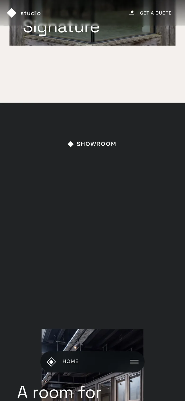 Phone-width page screen 02 of the CLARION template (architecture) showing headline “SHOWROOM”.