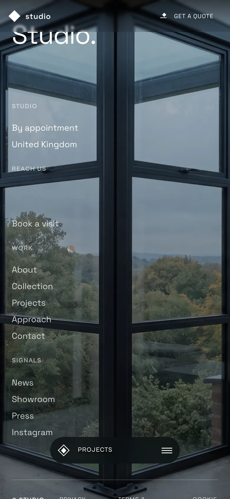 Phone-width page screen 05 of the CLARION template (architecture) showing headlines “STUDIO” and “REACH US”, 1 image.