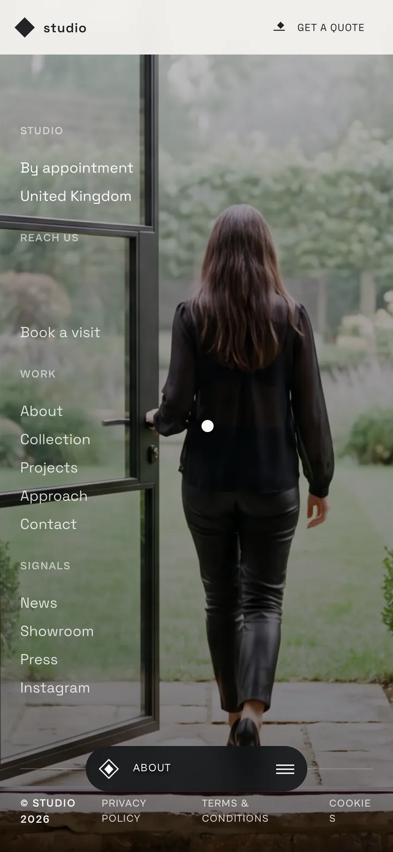 Phone-width page screen 06 of the CLARION template (architecture) showing headlines “STUDIO” and “REACH US”, 1 image.