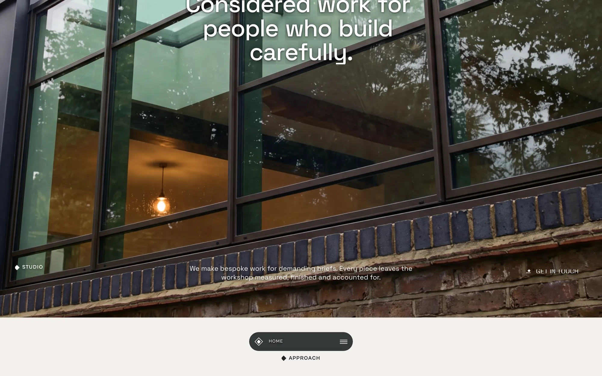 Desktop page section 02 of the CLARION template (architecture) showing headline “Considered work for people who build carefully.”.