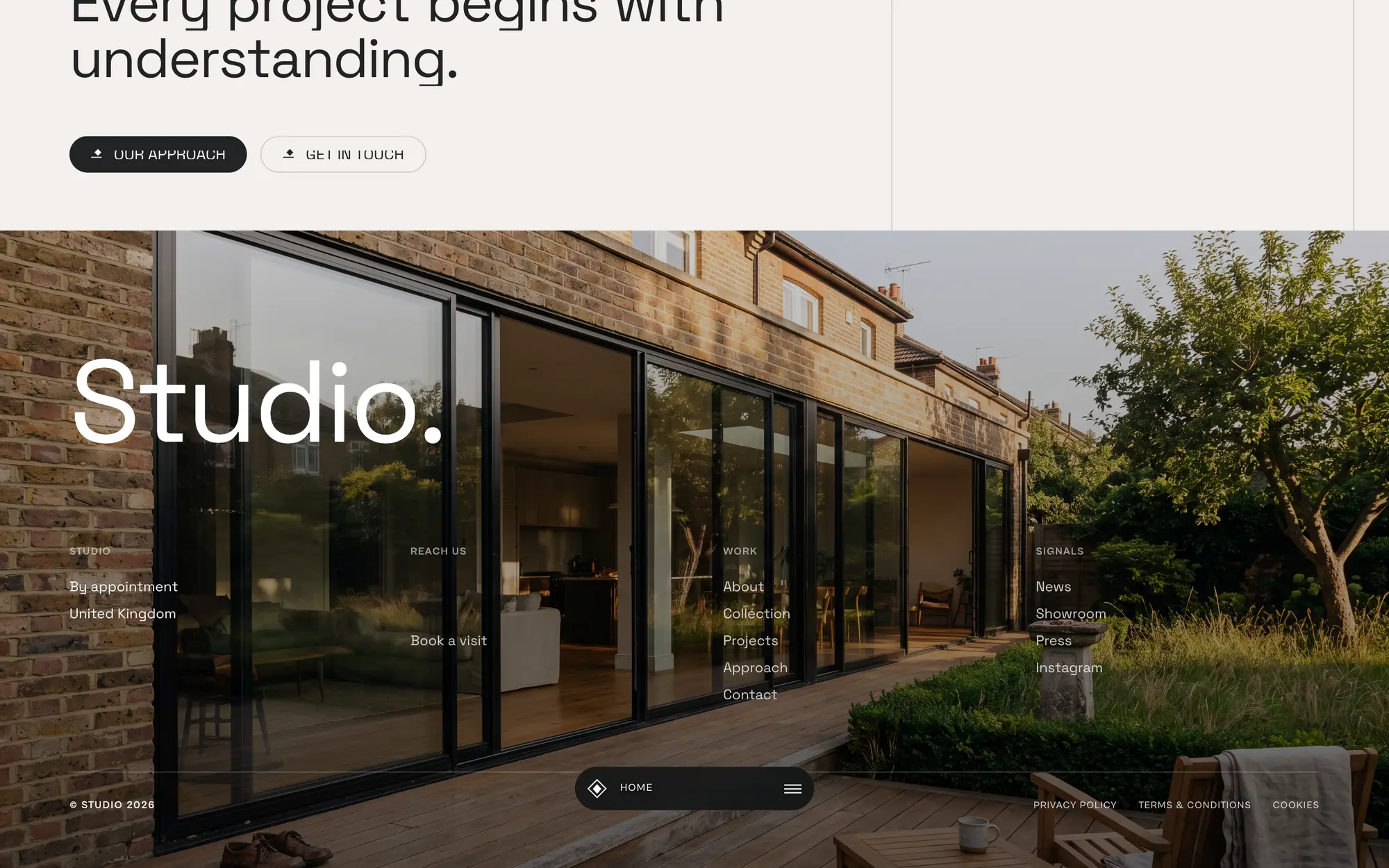 Desktop page section 06 of the CLARION template (architecture) showing headlines “Every project begins with understanding.” and “STUDIO”, 1 image.