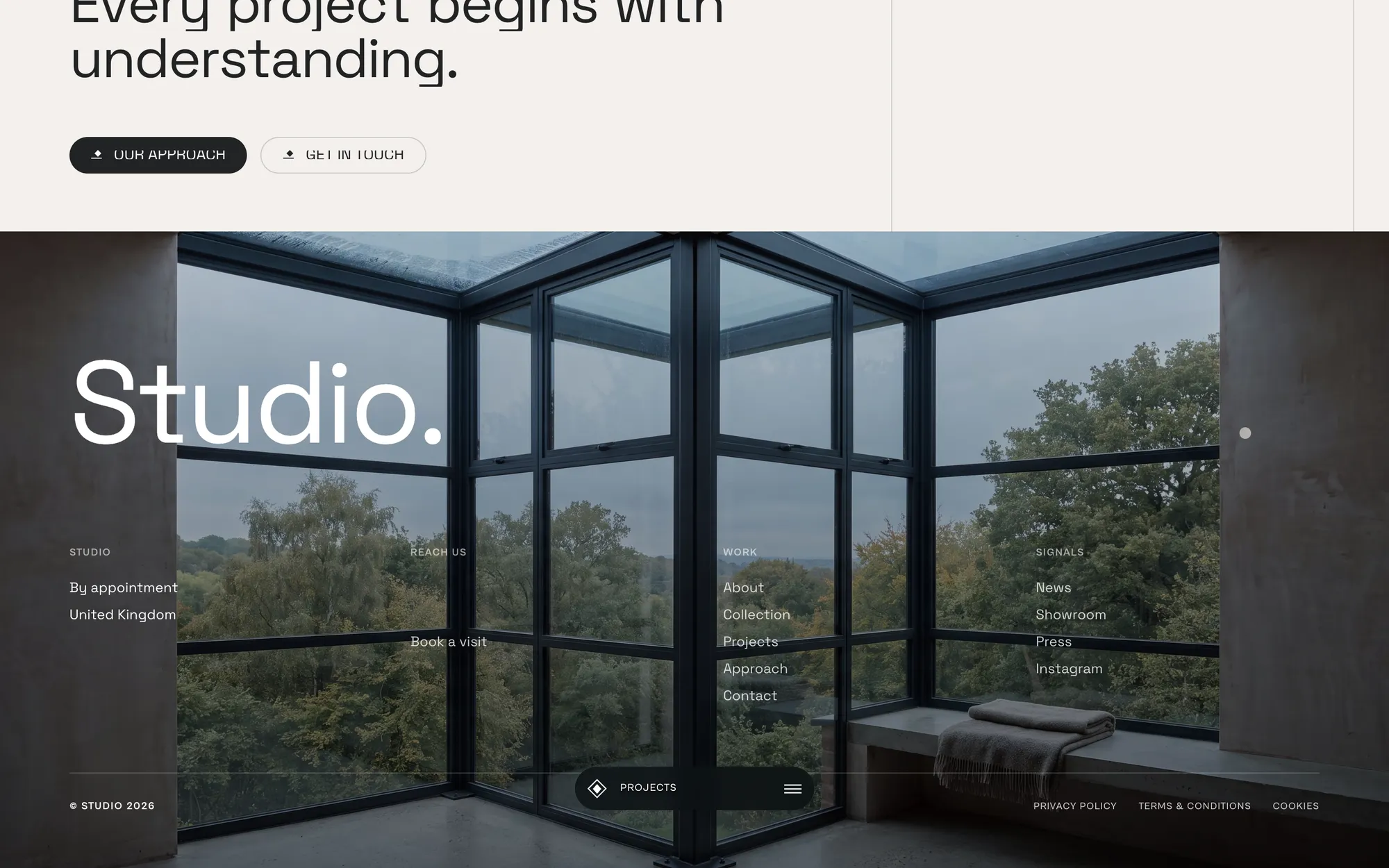 Desktop page section 08 of the CLARION template (architecture) showing headlines “Every project begins with understanding.” and “STUDIO”, 1 image.