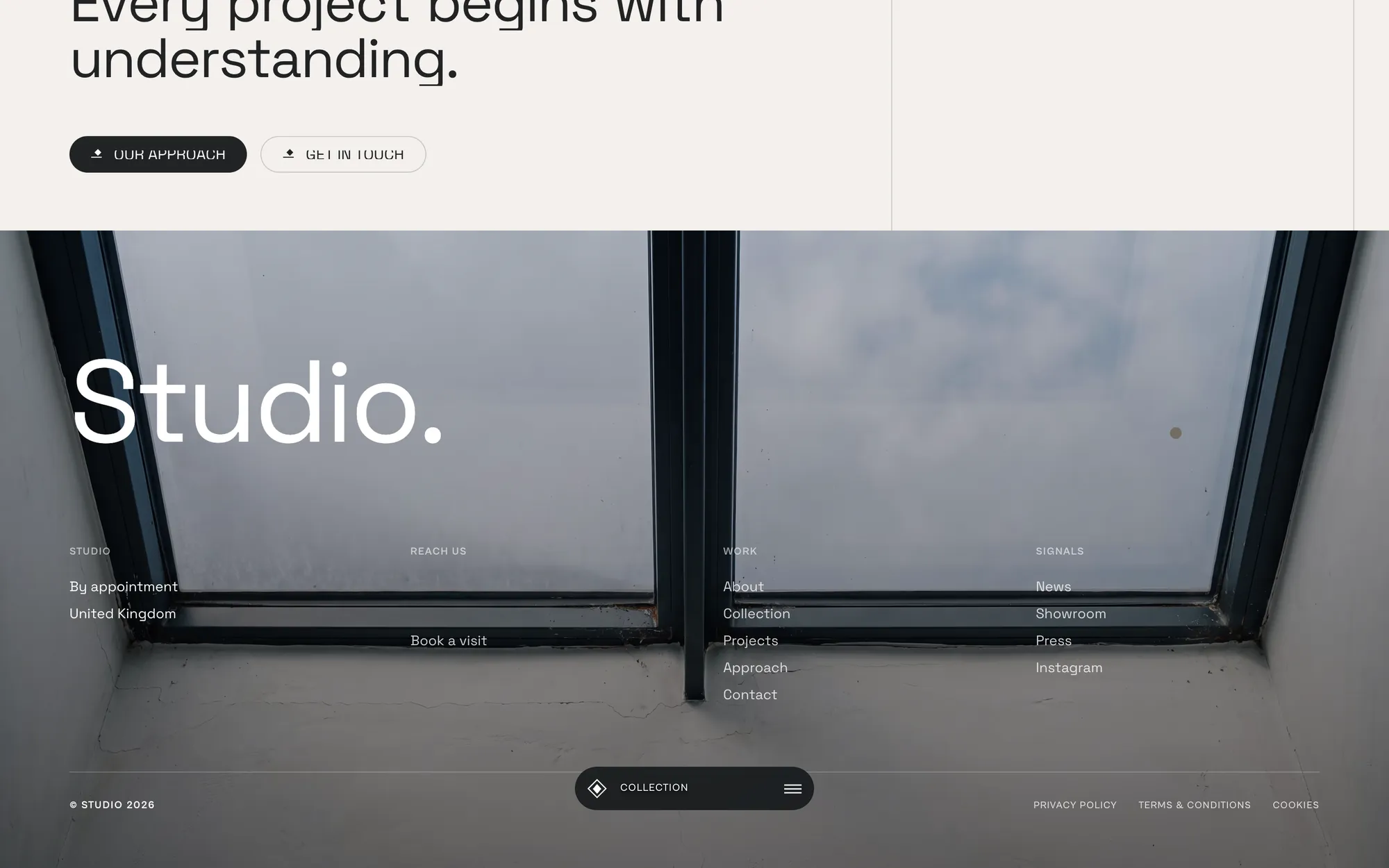 Desktop page section 10 of the CLARION template (architecture) showing headlines “Every project begins with understanding.” and “STUDIO”, 1 image.