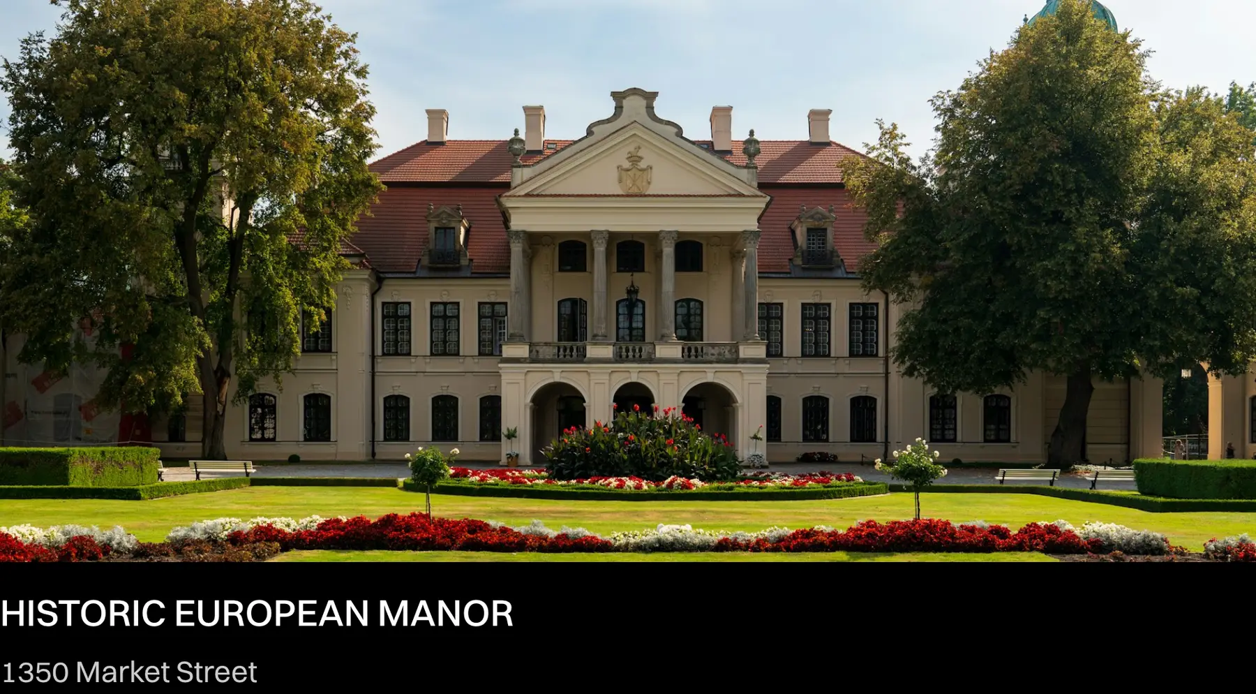 Close detail of the CROWN template (real estate): card “HISTORIC EUROPEAN MANOR 1350 Market Street”.