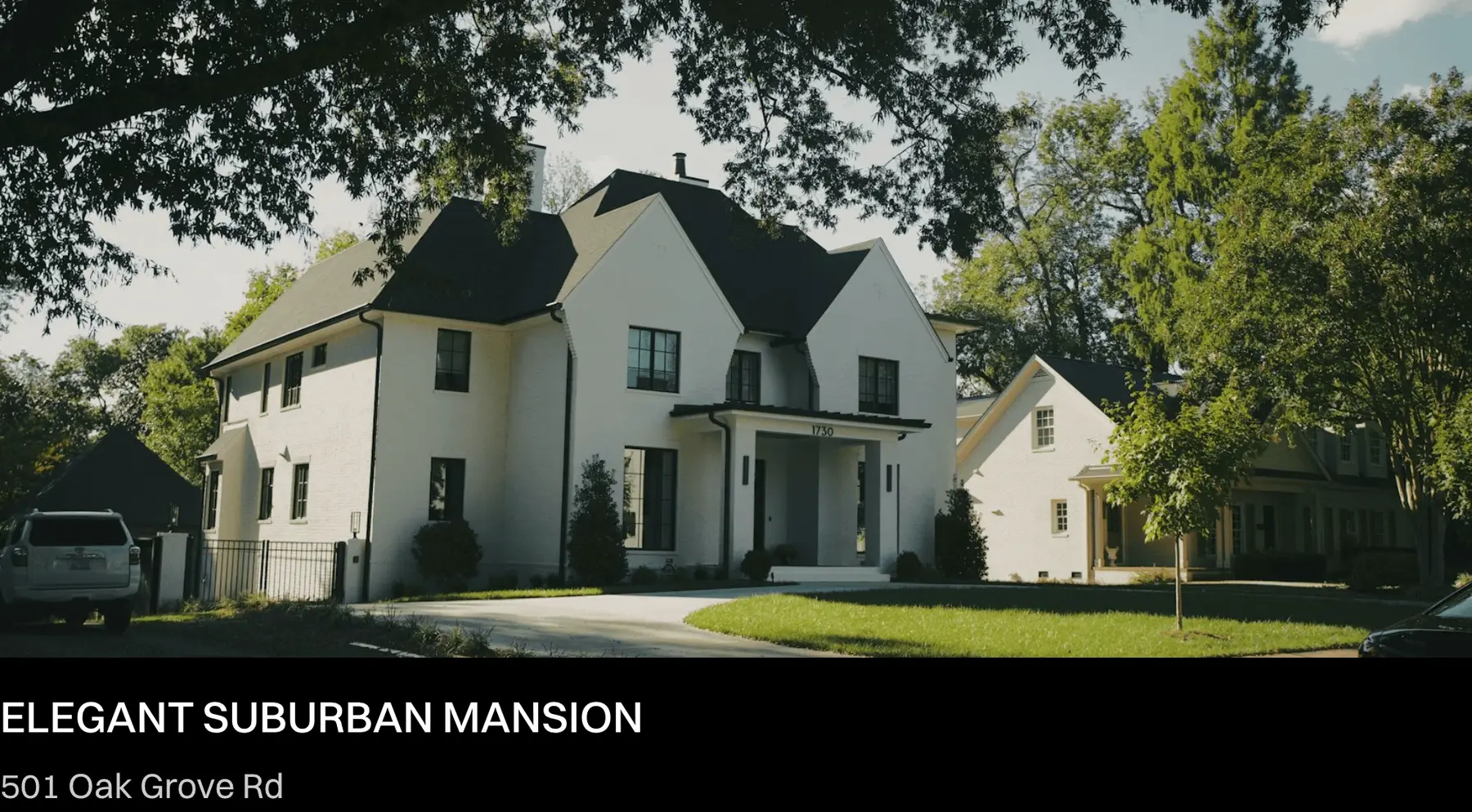 Close detail of the CROWN template (real estate): card “ELEGANT SUBURBAN MANSION 501 Oak Grove Rd”.