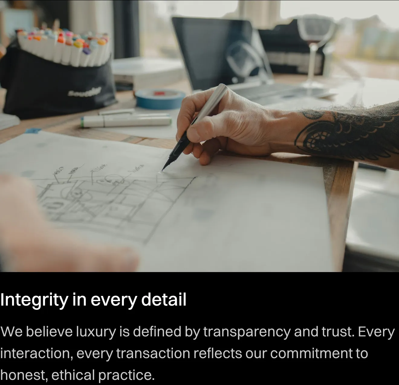 Close detail of the CROWN template (real estate): card “Integrity in every detail We believe luxury is defined by tr”.