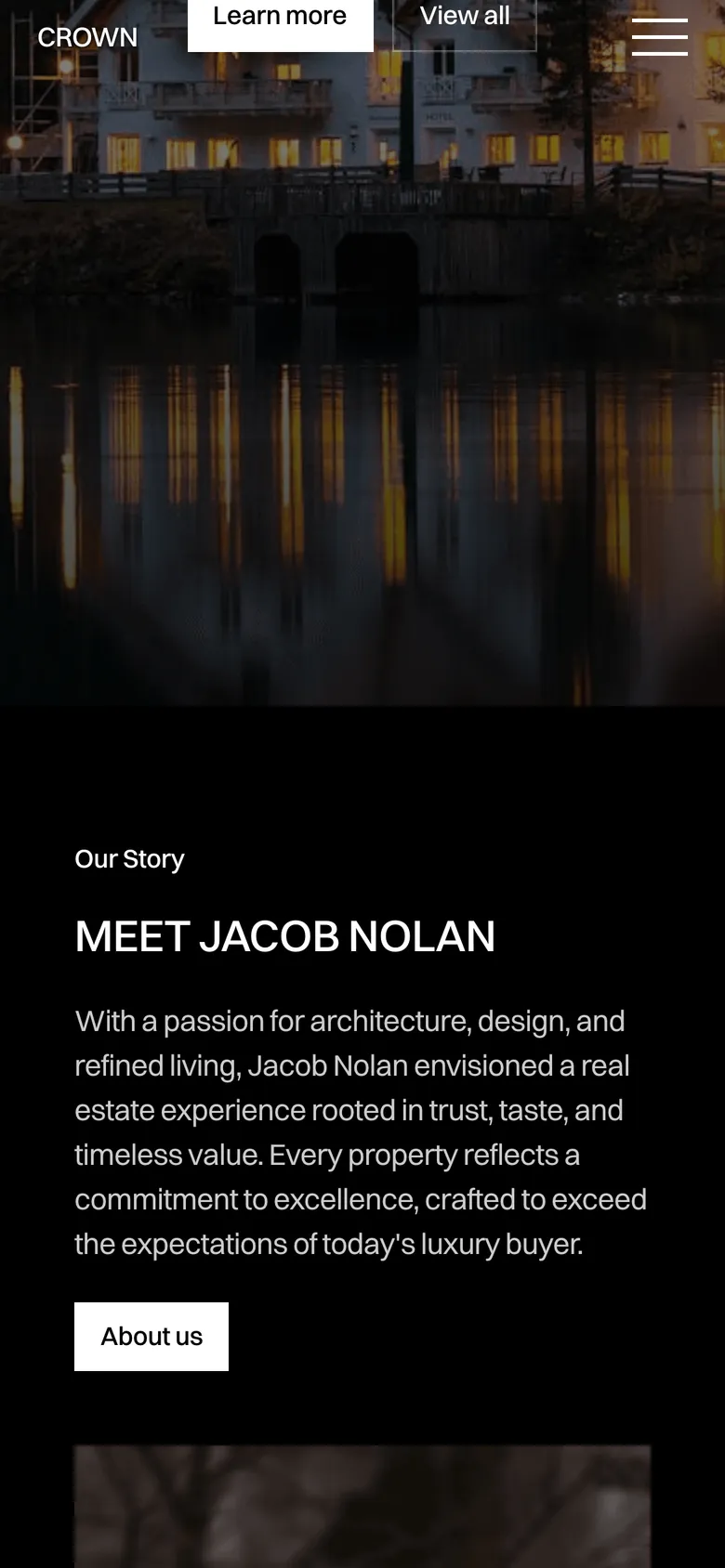 Phone-width page screen 02 of the CROWN template (real estate) showing headlines “LIVE WHERE LUXURY RESIDES” and “MEET JACOB NOLAN”, 8 images.