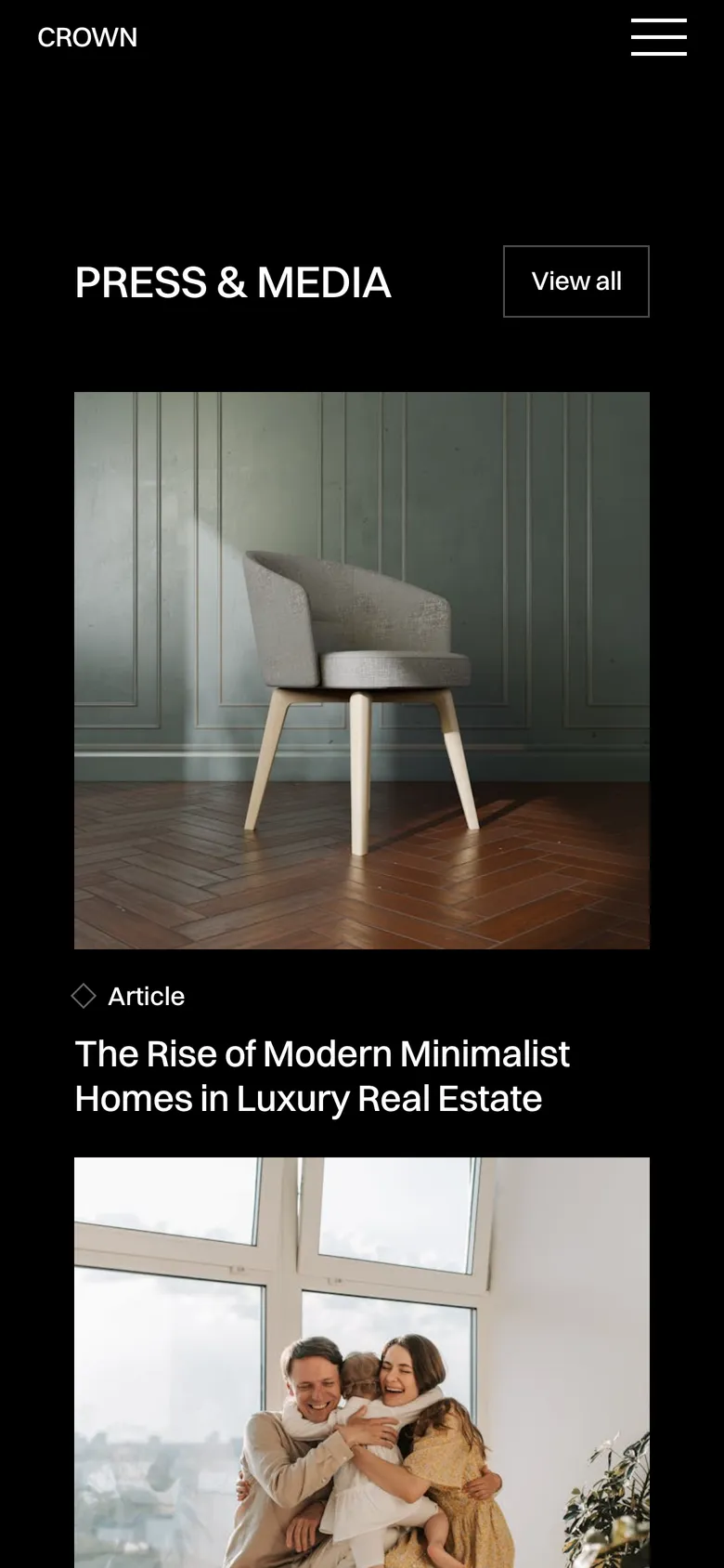 Phone-width page screen 03 of the CROWN template (real estate) showing headlines “LIVE WHERE LUXURY RESIDES” and “PRESS & MEDIA”, 5 images.