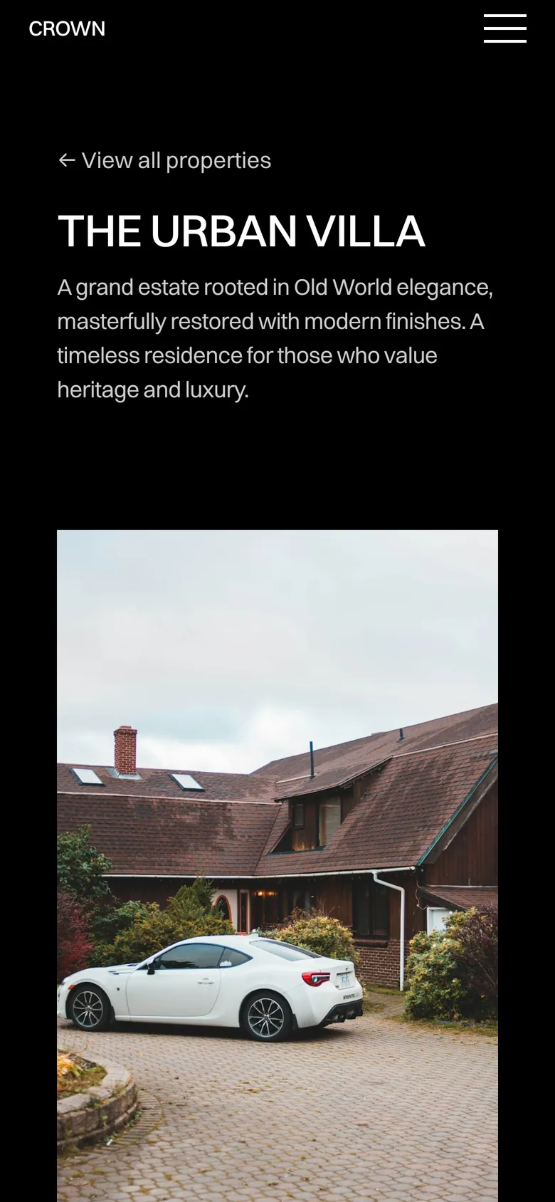 Phone-width page screen 04 of the CROWN template (real estate) showing headline “THE URBAN VILLA”, 1 image.
