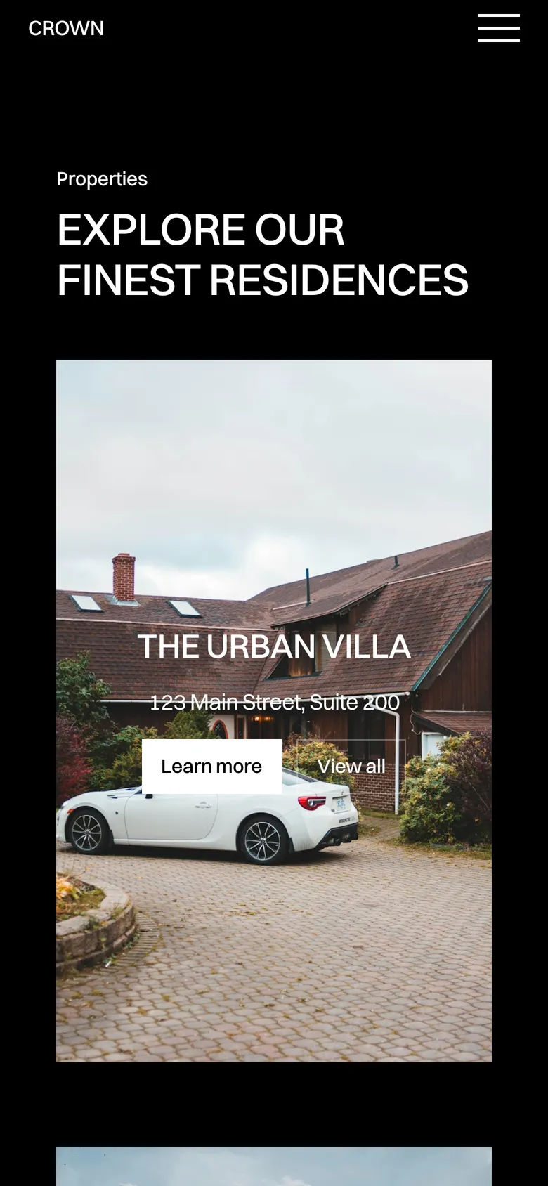 Phone-width page screen 05 of the CROWN template (real estate) showing headlines “EXPLORE OUR FINEST RESIDENCES” and “THE URBAN VILLA”, 2 images.