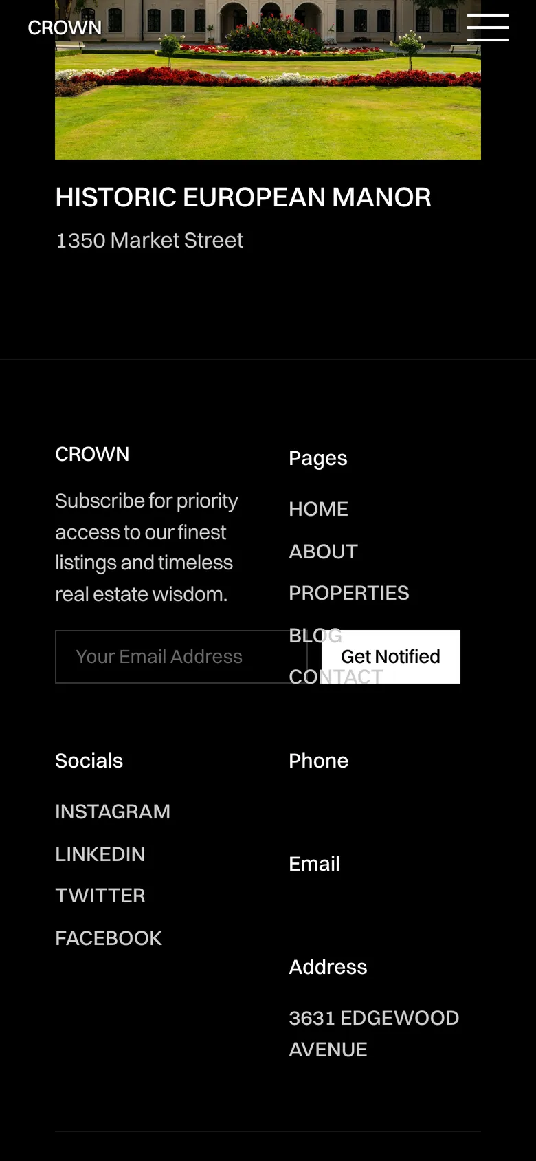 Phone-width page screen 06 of the CROWN template (real estate) showing 1 image.
