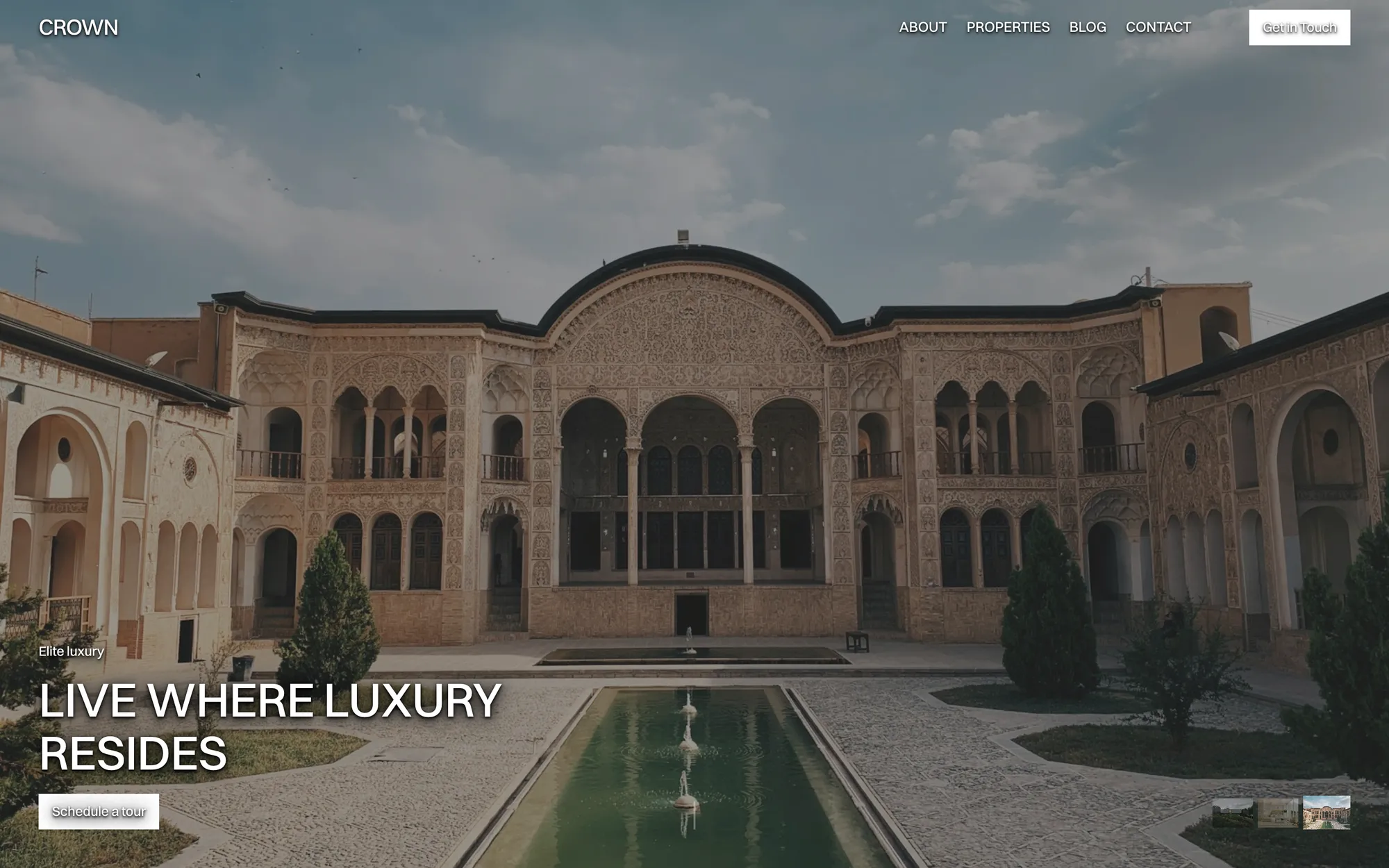 Desktop page section 01 of the CROWN template (real estate) showing headline “LIVE WHERE LUXURY RESIDES”, 3 images.