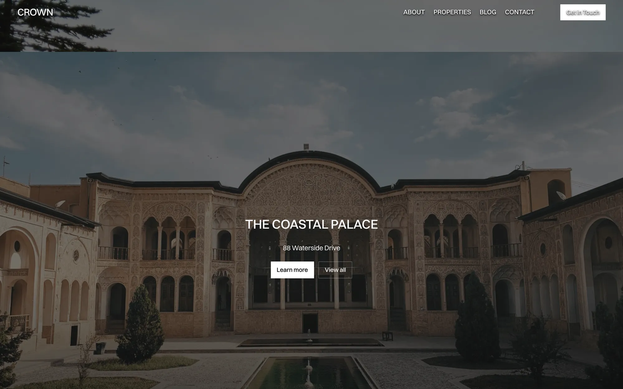Desktop page section 02 of the CROWN template (real estate) showing headlines “LIVE WHERE LUXURY RESIDES” and “THE URBAN VILLA”, 5 images.