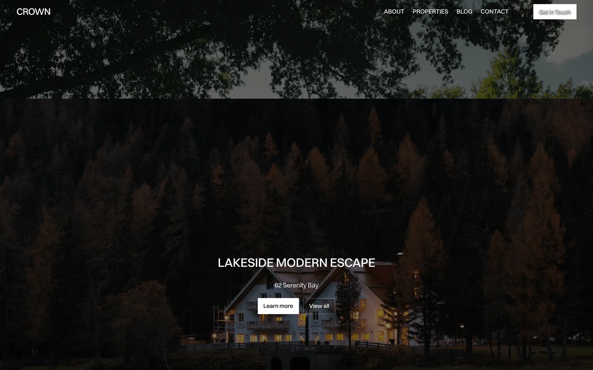 Desktop page section 03 of the CROWN template (real estate) showing headlines “LIVE WHERE LUXURY RESIDES” and “THE URBAN VILLA”, 7 images.