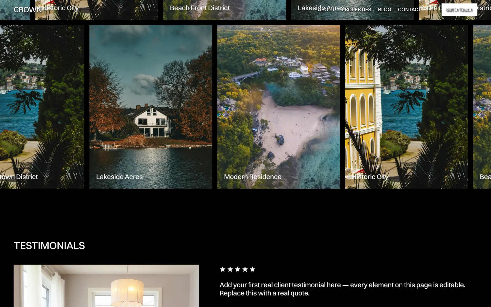 Desktop page section 05 of the CROWN template (real estate) showing headlines “LIVE WHERE LUXURY RESIDES” and “TESTIMONIALS”, 14 images.